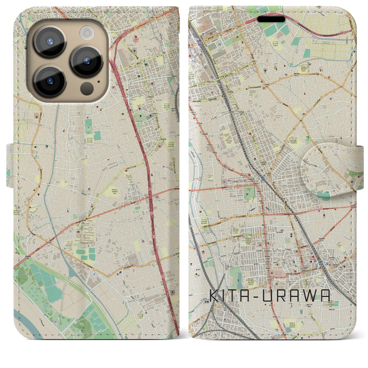 【北浦和(埼玉県)】地図柄iPhoneケース(手帳タイプ)ナチュラル・iPhone 14 Pro Max 用