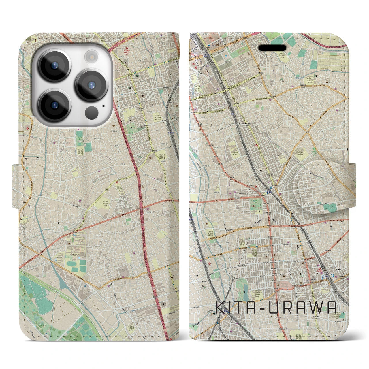 【北浦和(埼玉県)】地図柄iPhoneケース(手帳タイプ)ナチュラル・iPhone 14 Pro 用