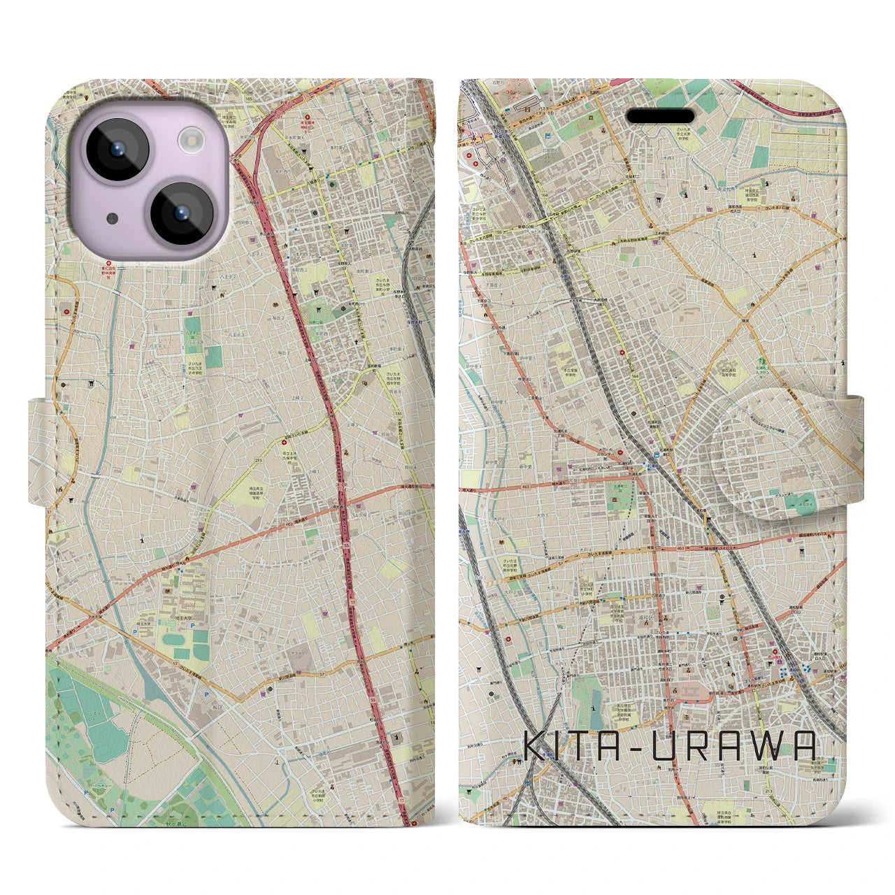 【北浦和(埼玉県)】地図柄iPhoneケース(手帳タイプ)ナチュラル・iPhone 14 用