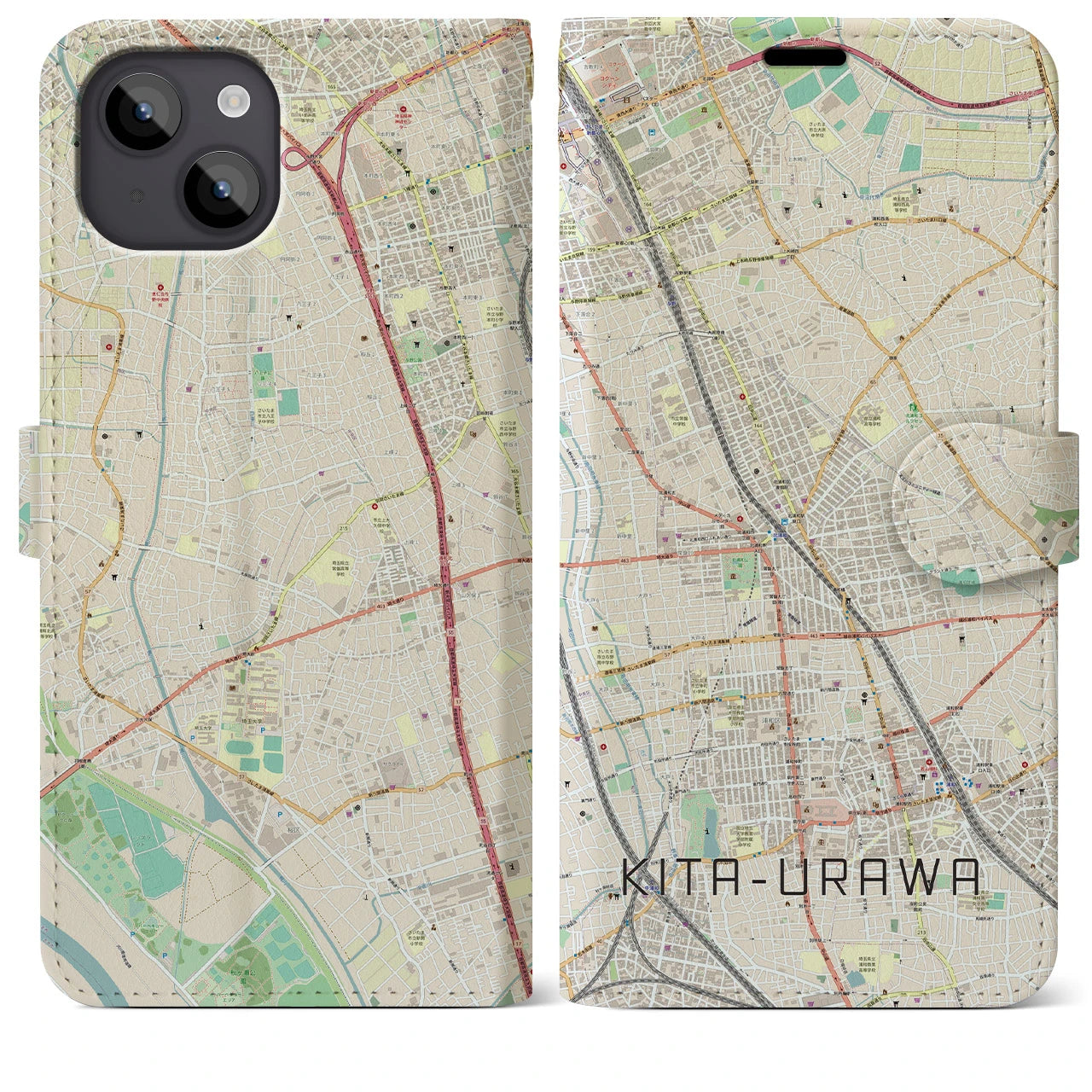 【北浦和(埼玉県)】地図柄iPhoneケース(手帳タイプ)ナチュラル・iPhone 14 Plus 用