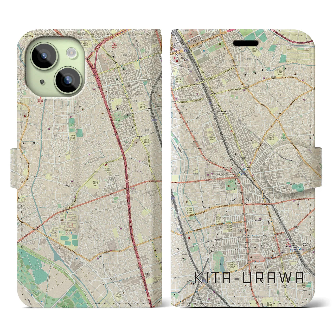 【北浦和(埼玉県)】地図柄iPhoneケース(手帳タイプ)ナチュラル・iPhone 15 用