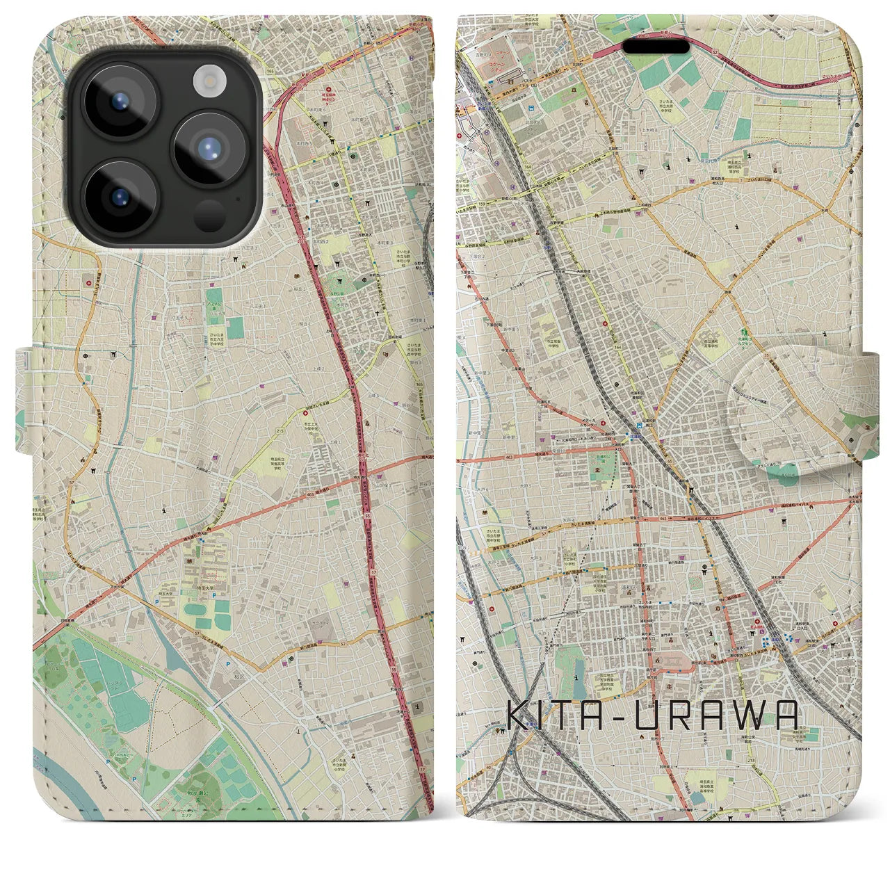 【北浦和(埼玉県)】地図柄iPhoneケース(手帳タイプ)ナチュラル・iPhone 15 Pro Max 用