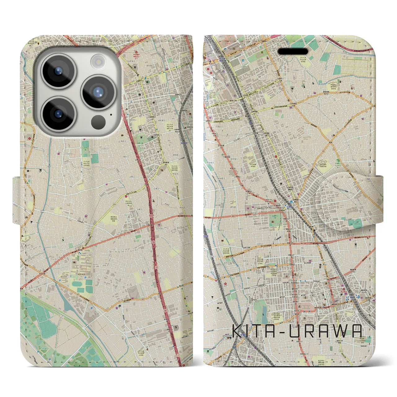 【北浦和(埼玉県)】地図柄iPhoneケース(手帳タイプ)ナチュラル・iPhone 15 Pro 用