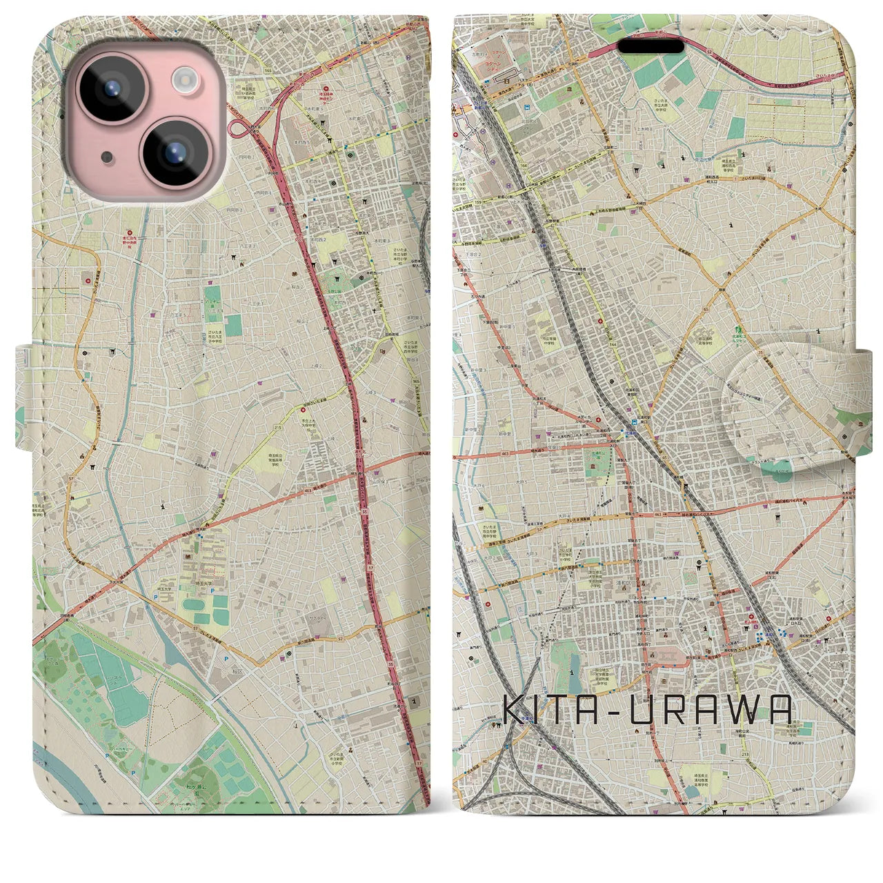 【北浦和(埼玉県)】地図柄iPhoneケース(手帳タイプ)ナチュラル・iPhone 15 Plus 用