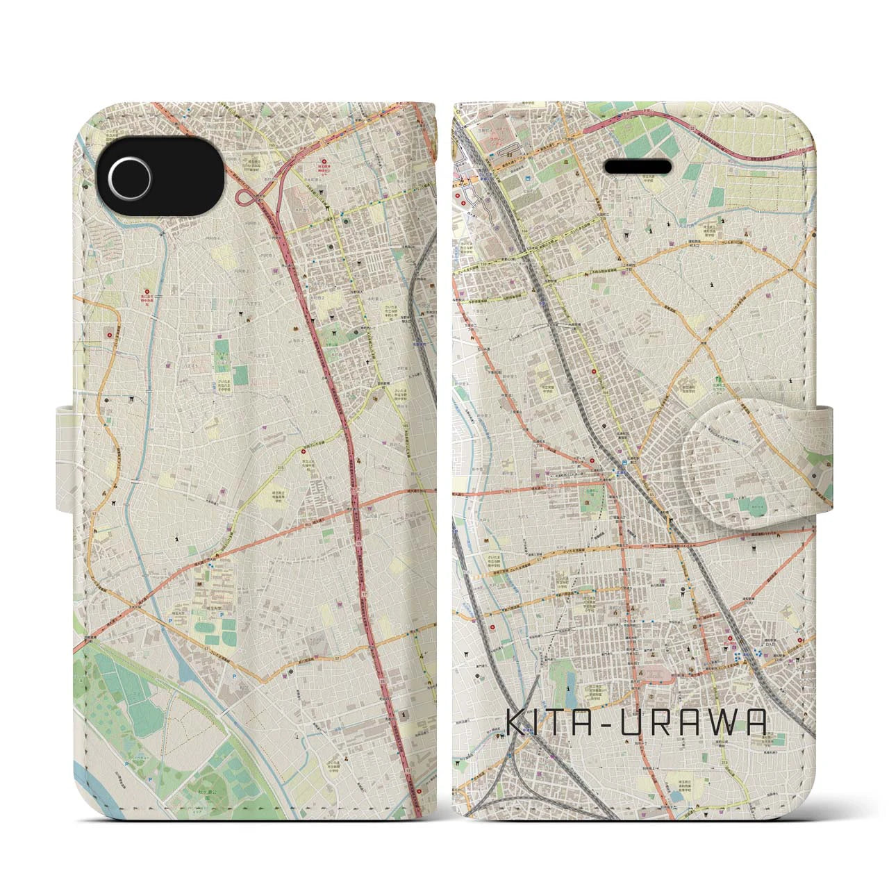 【北浦和(埼玉県)】地図柄iPhoneケース(手帳タイプ)ナチュラル・iPhone SE(第3 / 第2世代) / 8 / 7 / 6s / 6 用