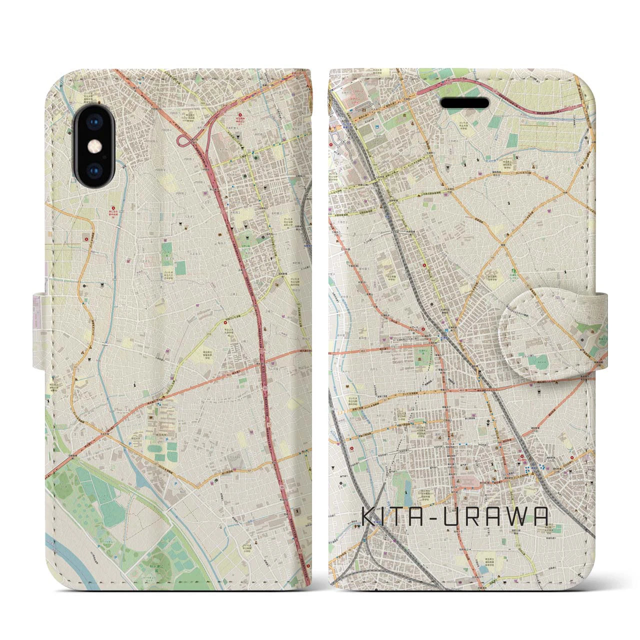 【北浦和(埼玉県)】地図柄iPhoneケース(手帳タイプ)ナチュラル・iPhone XS / X 用