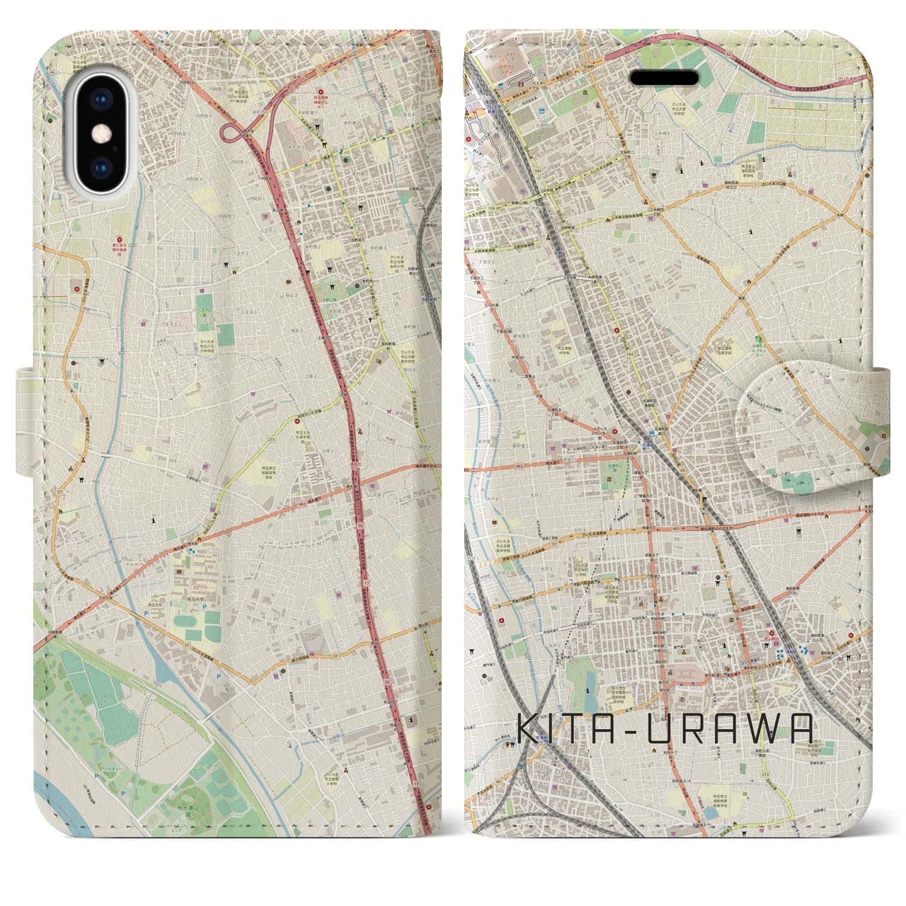 【北浦和(埼玉県)】地図柄iPhoneケース(手帳タイプ)ナチュラル・iPhone XS Max 用