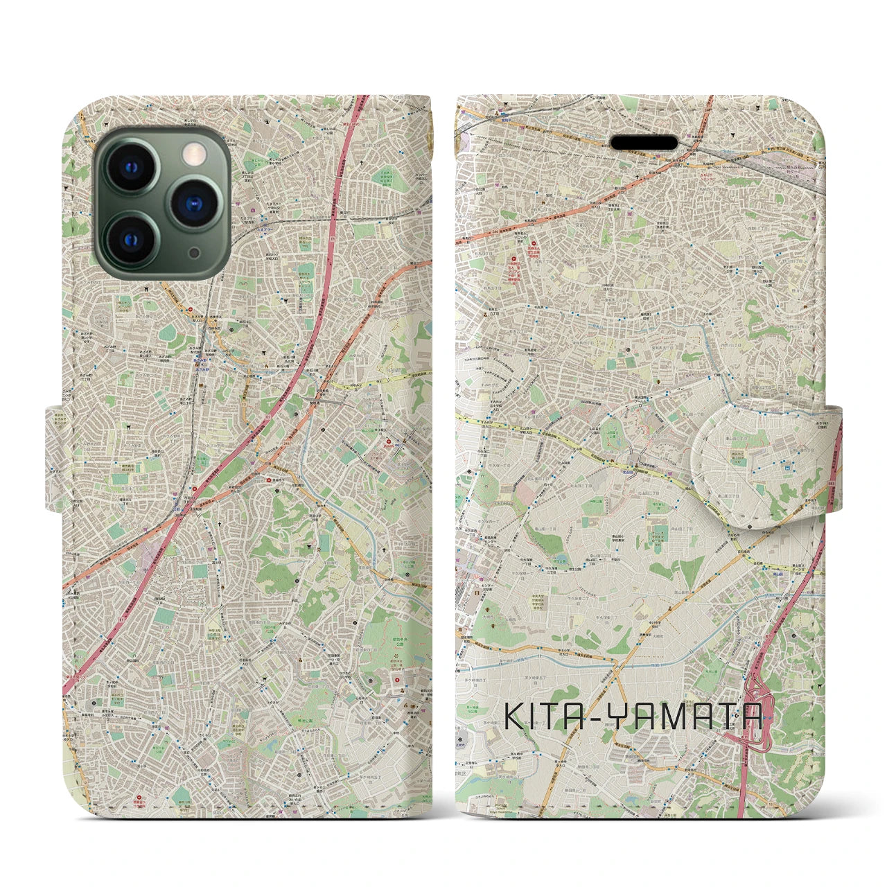 【北山田(神奈川県)】地図柄iPhoneケース(手帳タイプ)ナチュラル・iPhone 11 Pro 用