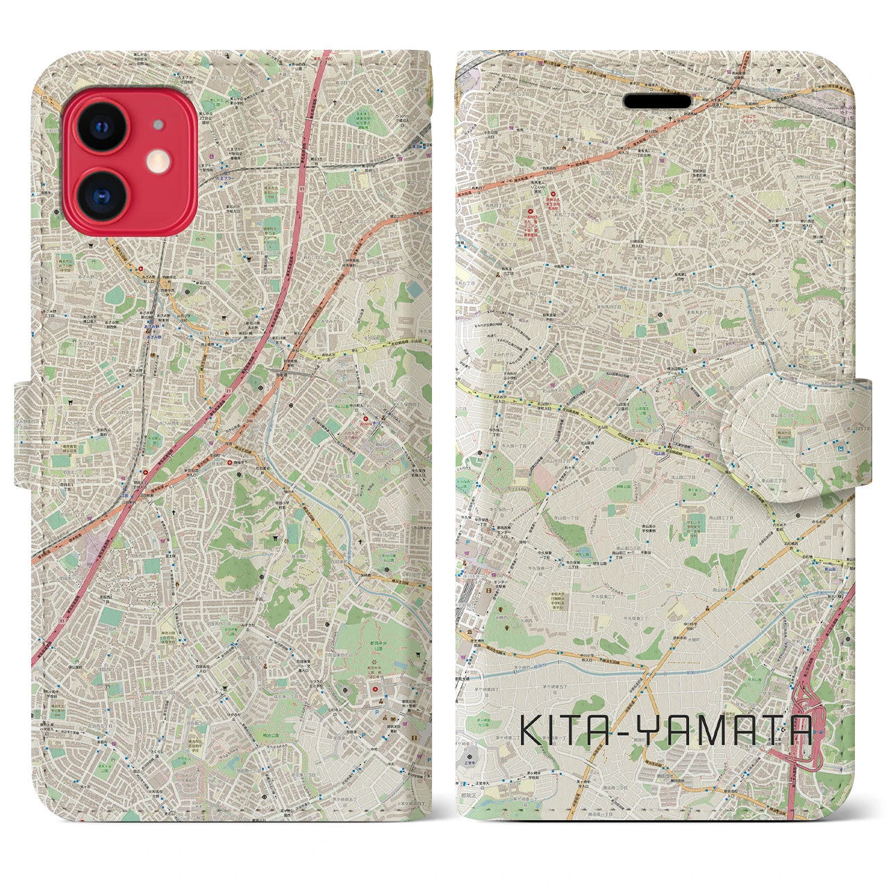 【北山田(神奈川県)】地図柄iPhoneケース(手帳タイプ)ナチュラル・iPhone 11 用