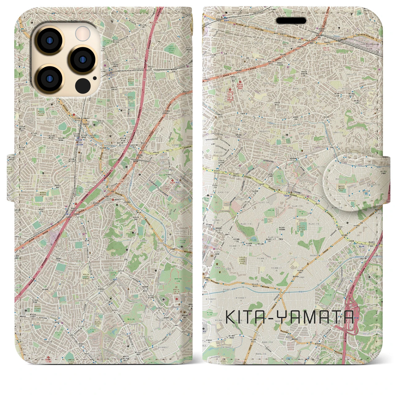 【北山田(神奈川県)】地図柄iPhoneケース(手帳タイプ)ナチュラル・iPhone 12 Pro Max 用