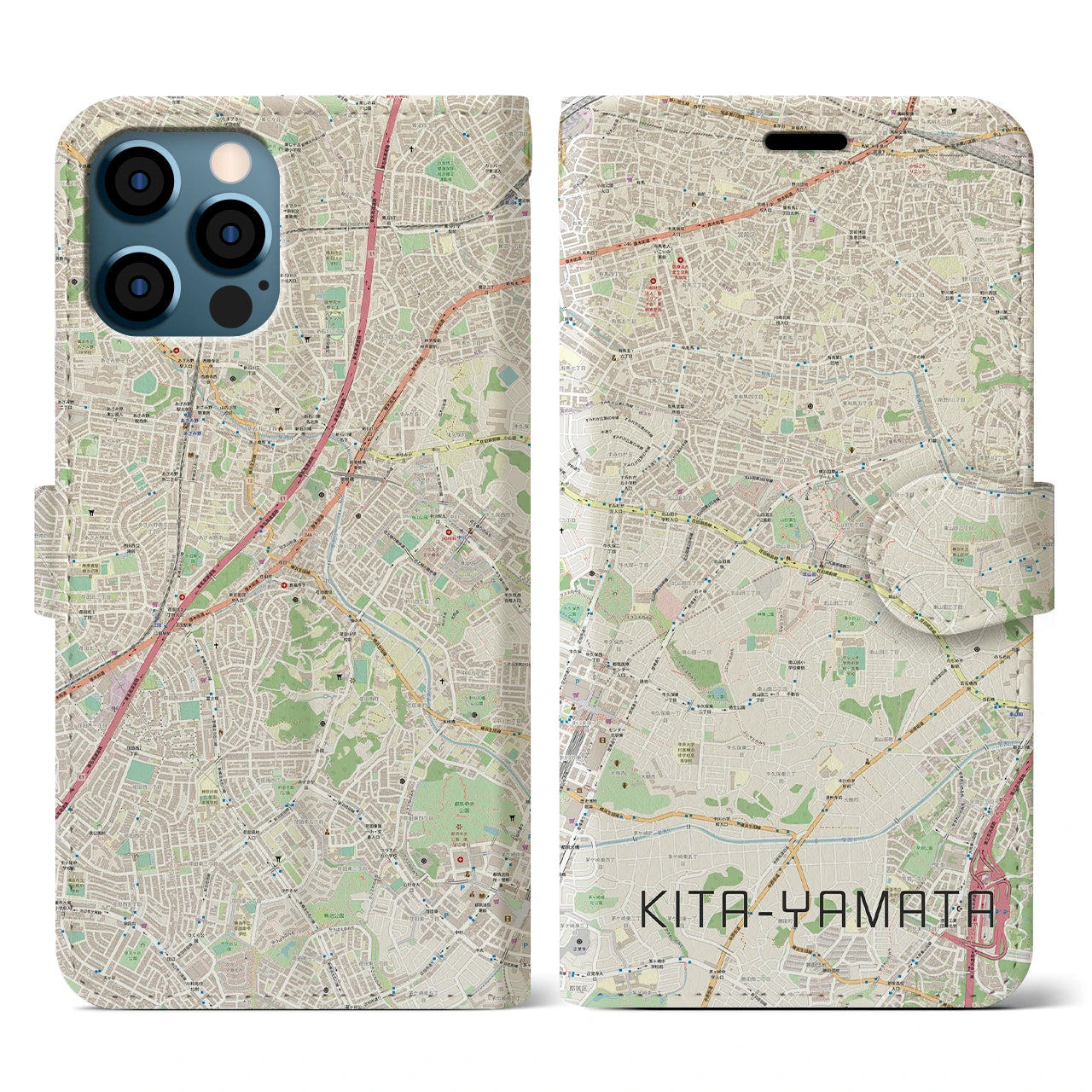 【北山田(神奈川県)】地図柄iPhoneケース(手帳タイプ)ナチュラル・iPhone 12 / 12 Pro 用