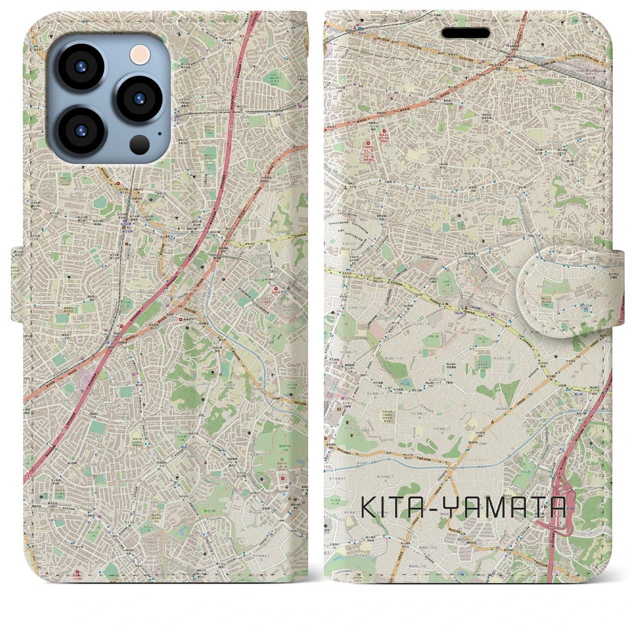 【北山田(神奈川県)】地図柄iPhoneケース(手帳タイプ)ナチュラル・iPhone 13 Pro Max 用