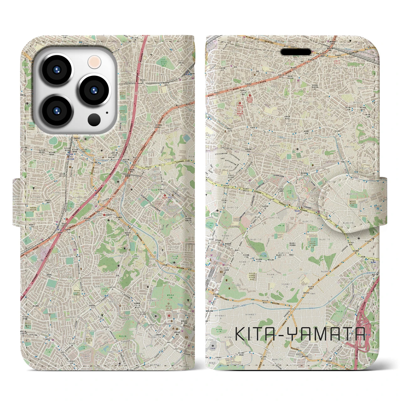 【北山田(神奈川県)】地図柄iPhoneケース(手帳タイプ)ナチュラル・iPhone 13 Pro 用