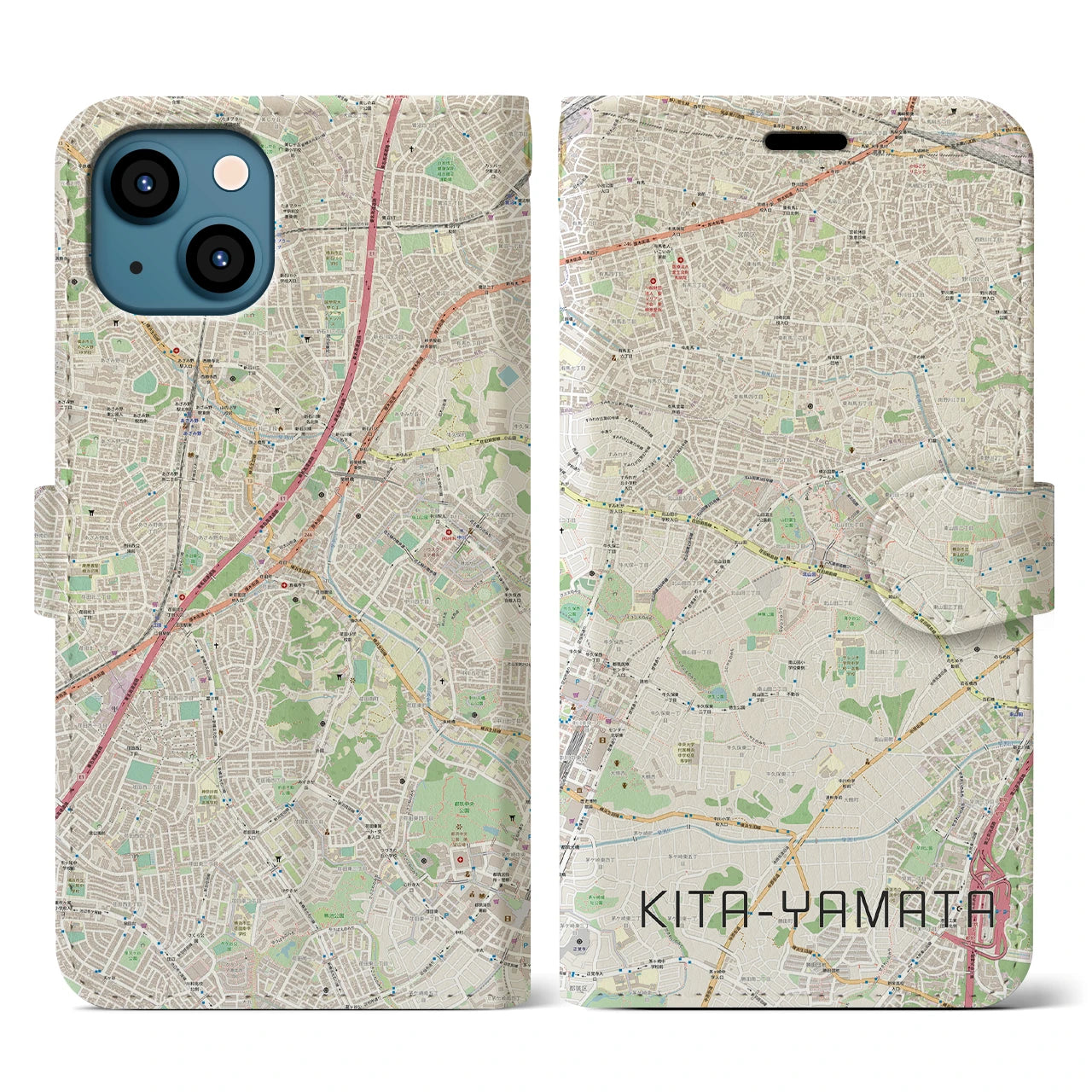【北山田(神奈川県)】地図柄iPhoneケース(手帳タイプ)ナチュラル・iPhone 13 用