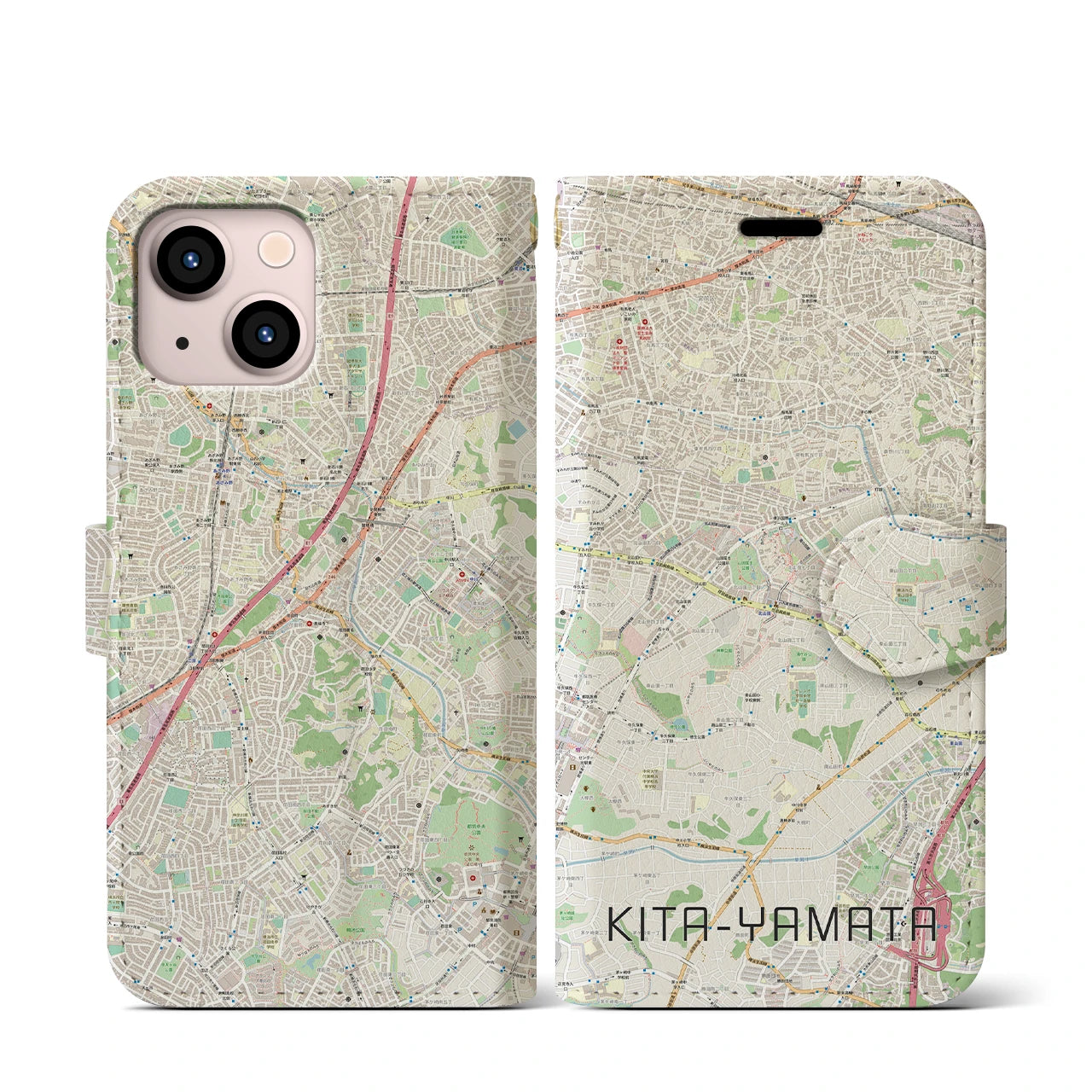 【北山田(神奈川県)】地図柄iPhoneケース(手帳タイプ)ナチュラル・iPhone 13 mini 用
