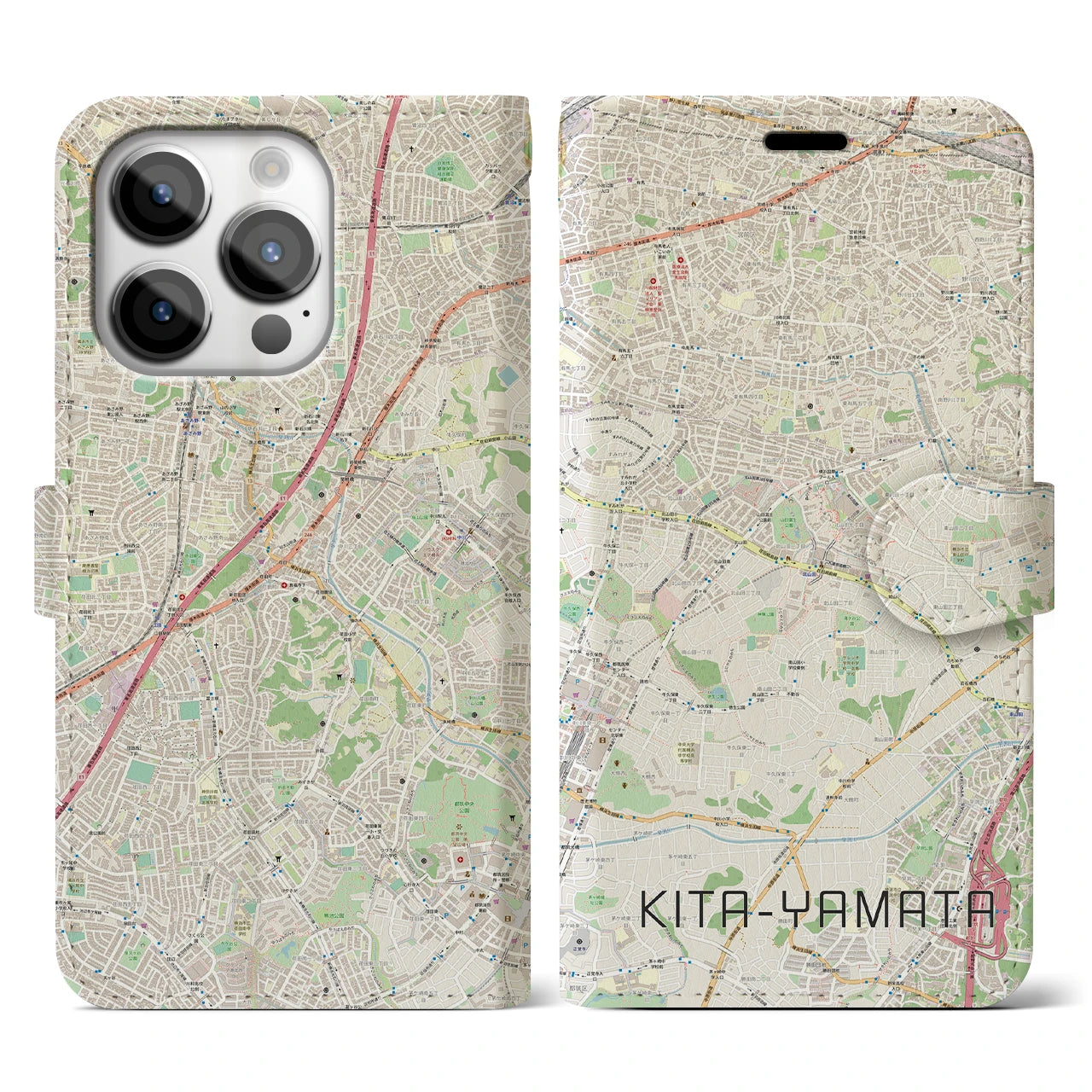 【北山田(神奈川県)】地図柄iPhoneケース(手帳タイプ)ナチュラル・iPhone 14 Pro 用