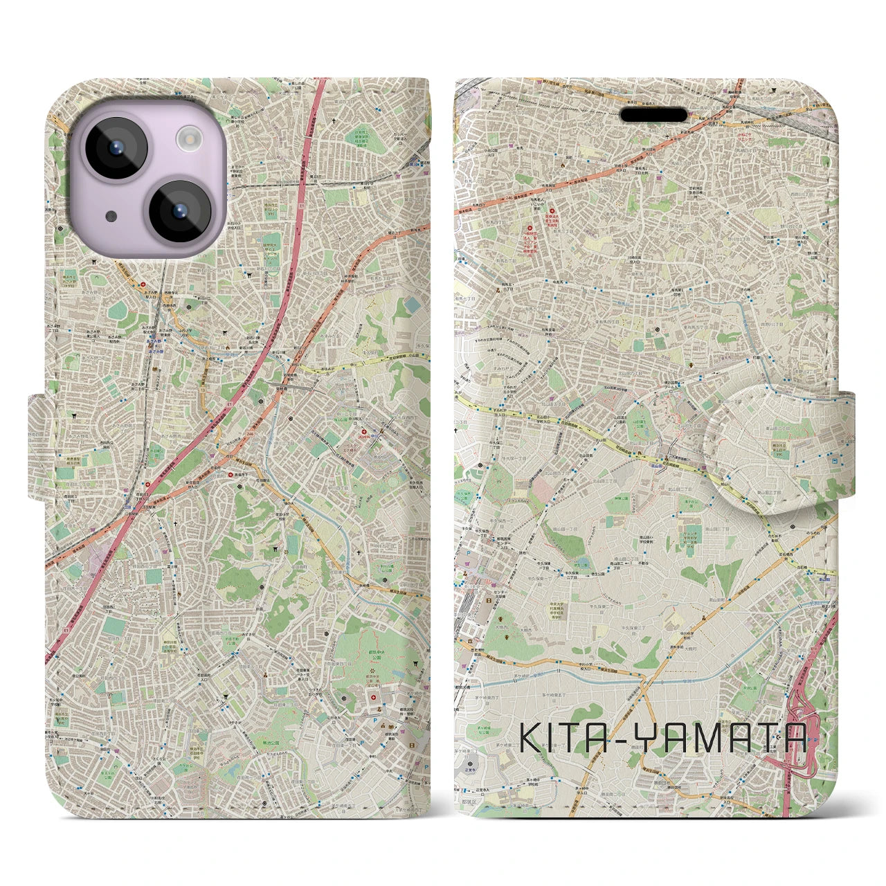 【北山田(神奈川県)】地図柄iPhoneケース(手帳タイプ)ナチュラル・iPhone 14 用