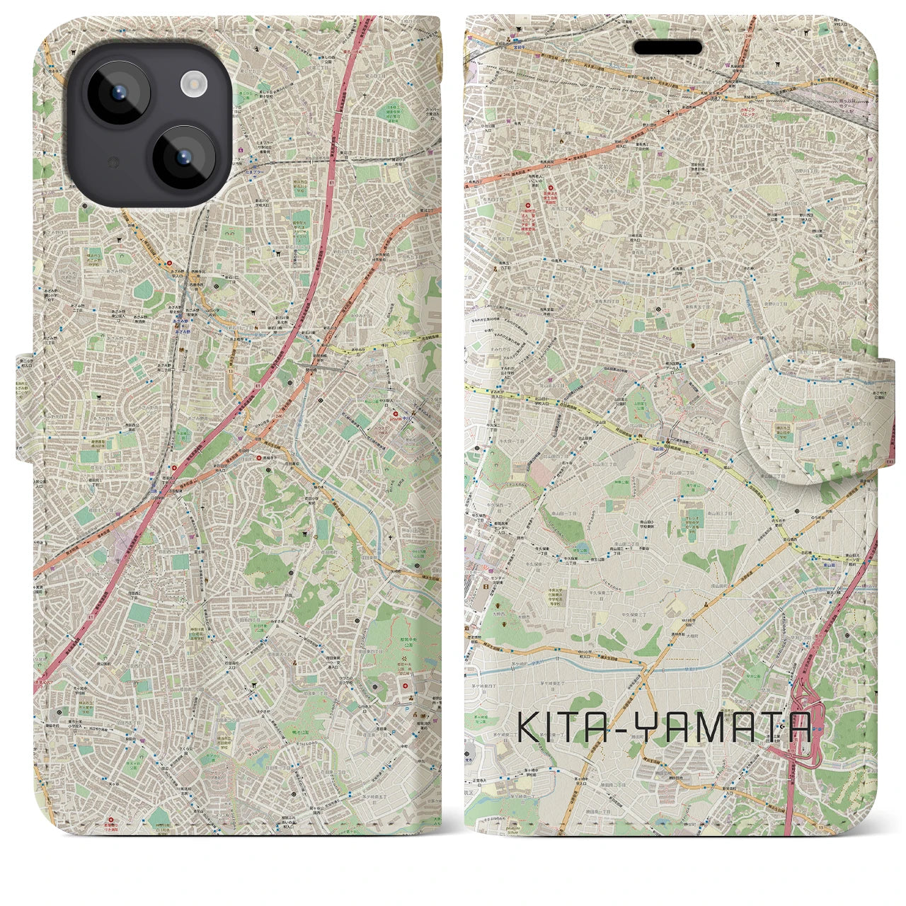 【北山田(神奈川県)】地図柄iPhoneケース(手帳タイプ)ナチュラル・iPhone 14 Plus 用