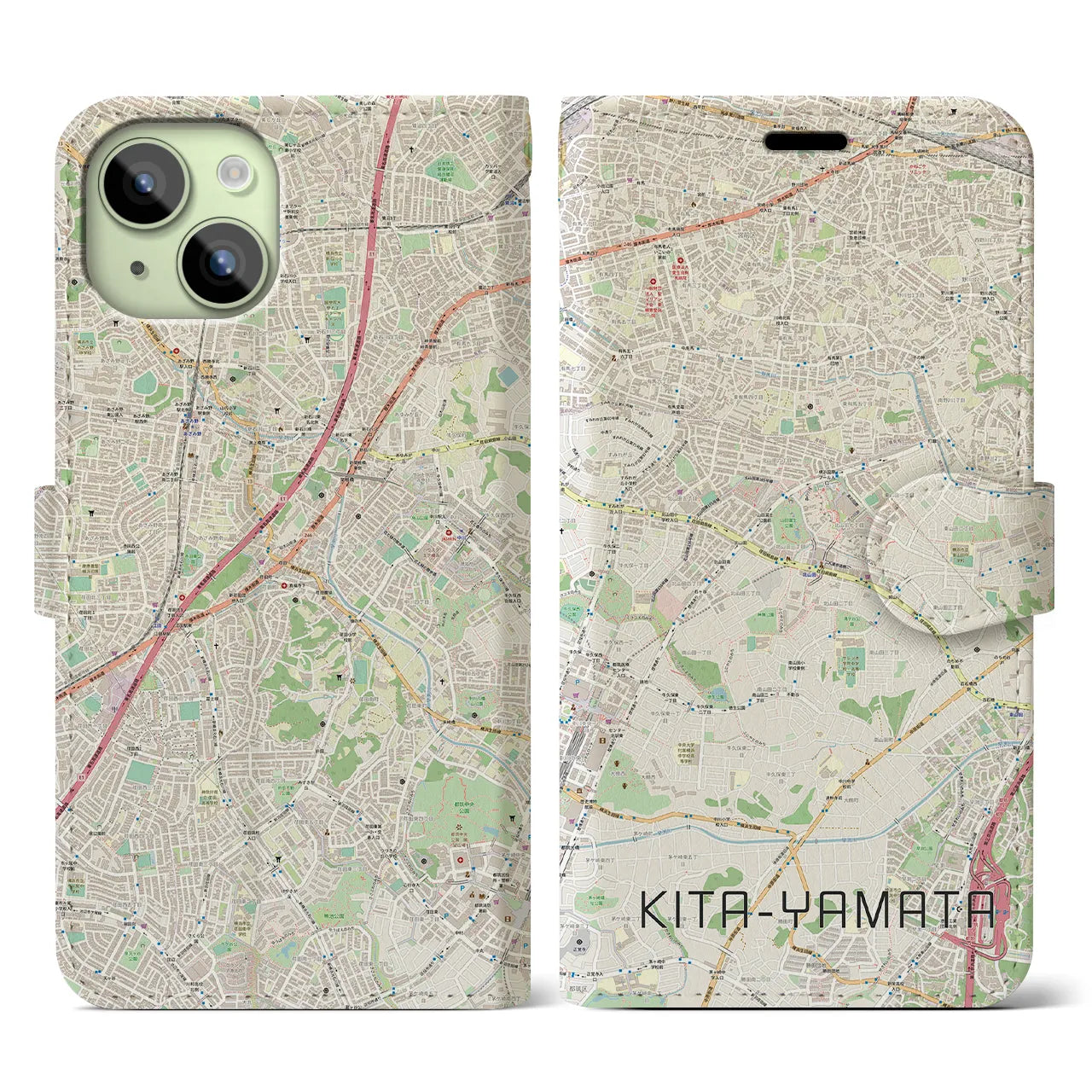 【北山田(神奈川県)】地図柄iPhoneケース(手帳タイプ)ナチュラル・iPhone 15 用