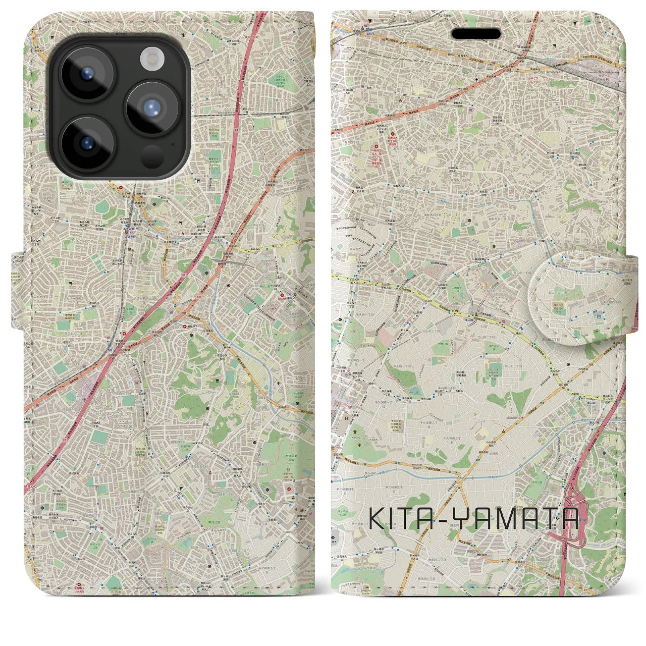 【北山田(神奈川県)】地図柄iPhoneケース(手帳タイプ)ナチュラル・iPhone 15 Pro Max 用