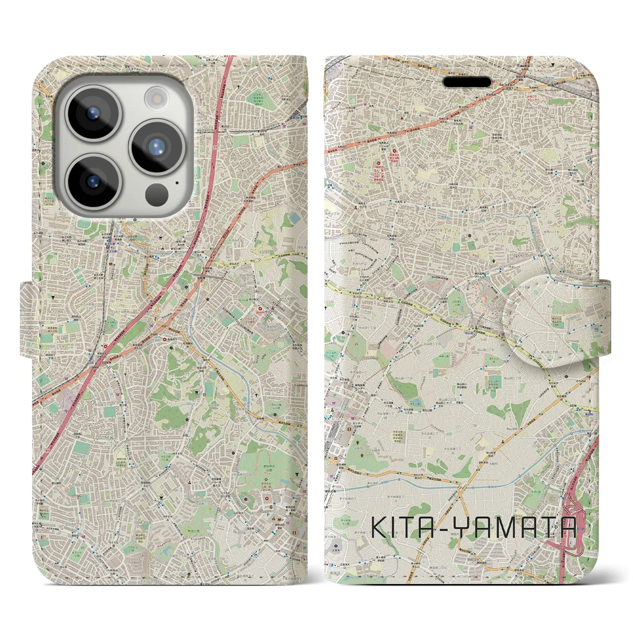 【北山田(神奈川県)】地図柄iPhoneケース(手帳タイプ)ナチュラル・iPhone 15 Pro 用