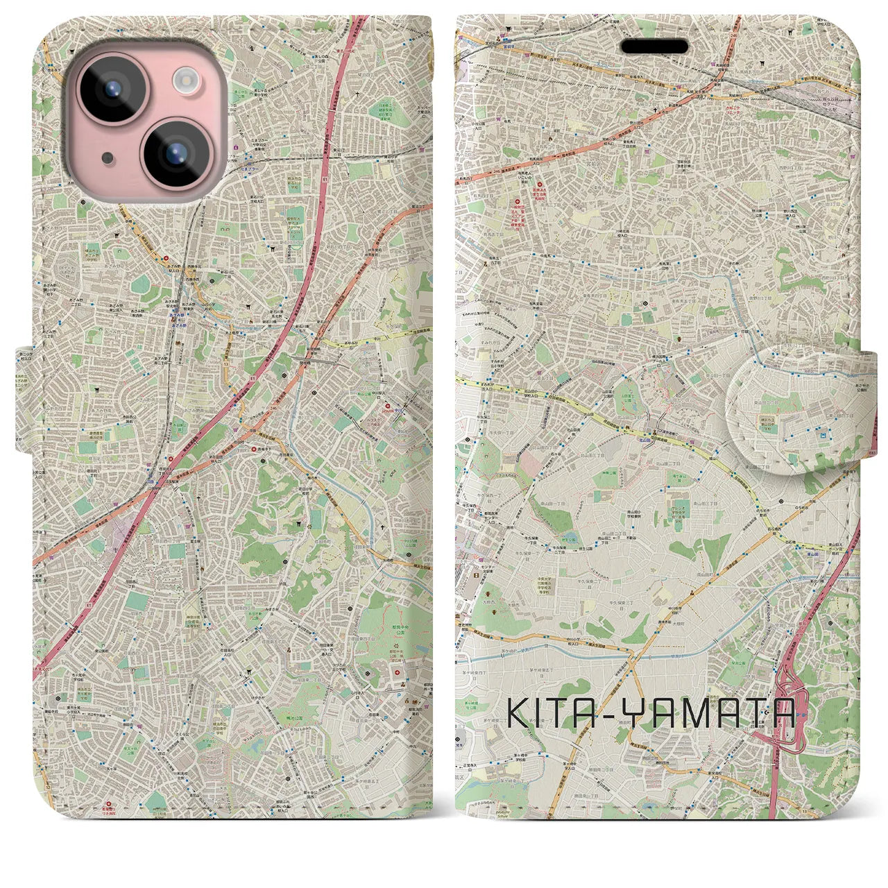 【北山田(神奈川県)】地図柄iPhoneケース(手帳タイプ)ナチュラル・iPhone 15 Plus 用