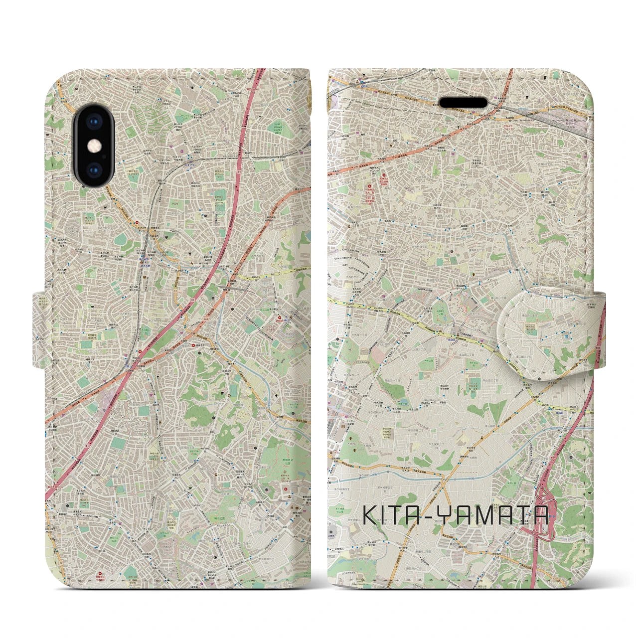 【北山田(神奈川県)】地図柄iPhoneケース(手帳タイプ)ナチュラル・iPhone XS / X 用