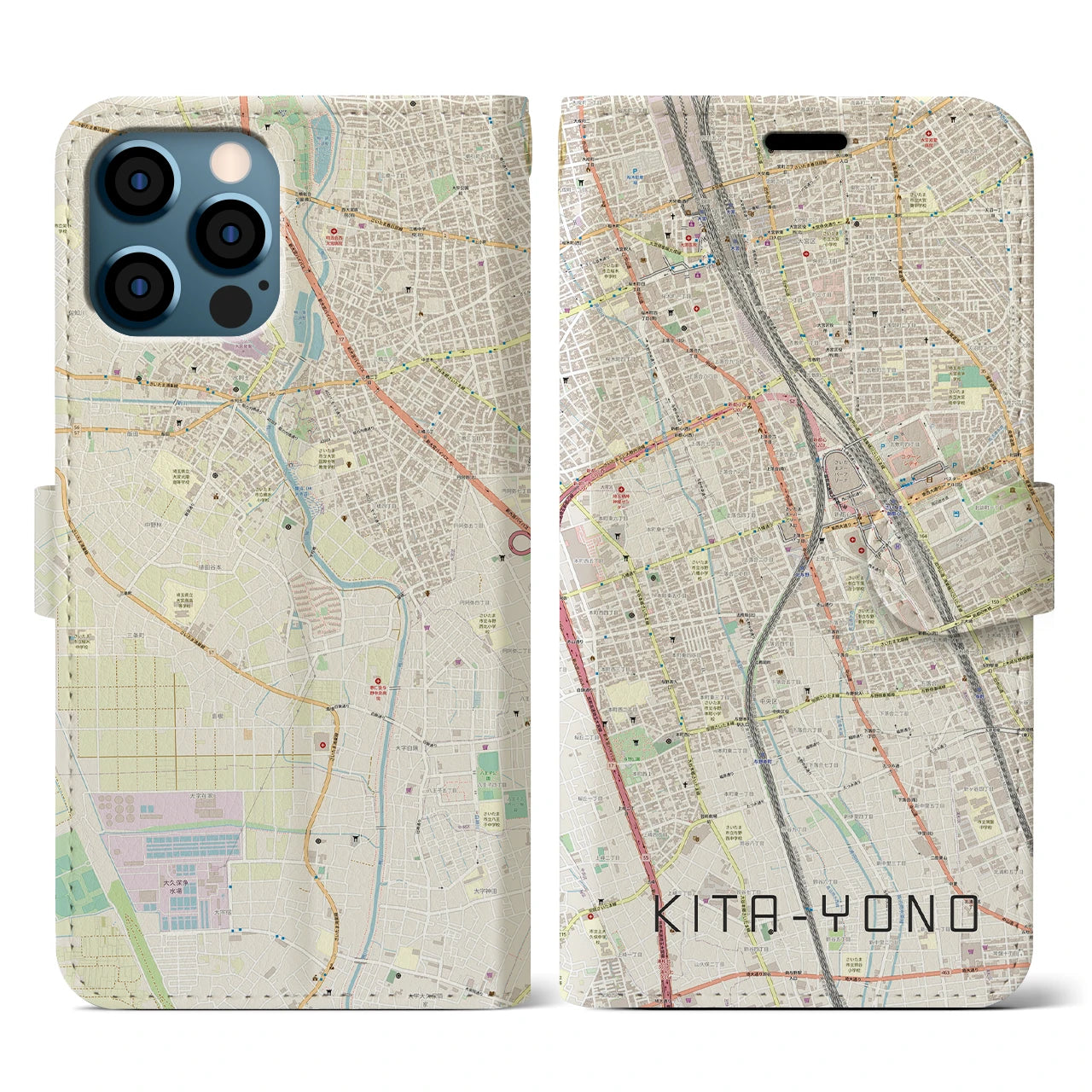 【北与野(埼玉県)】地図柄iPhoneケース(手帳タイプ)ナチュラル・iPhone 12 / 12 Pro 用
