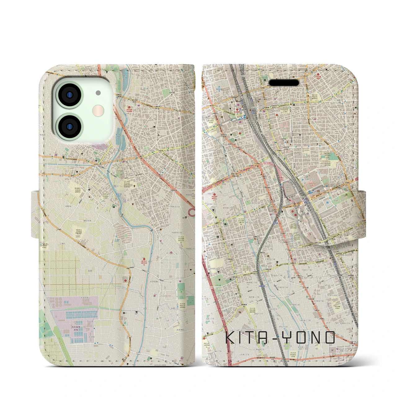 【北与野(埼玉県)】地図柄iPhoneケース(手帳タイプ)ナチュラル・iPhone 12 mini 用
