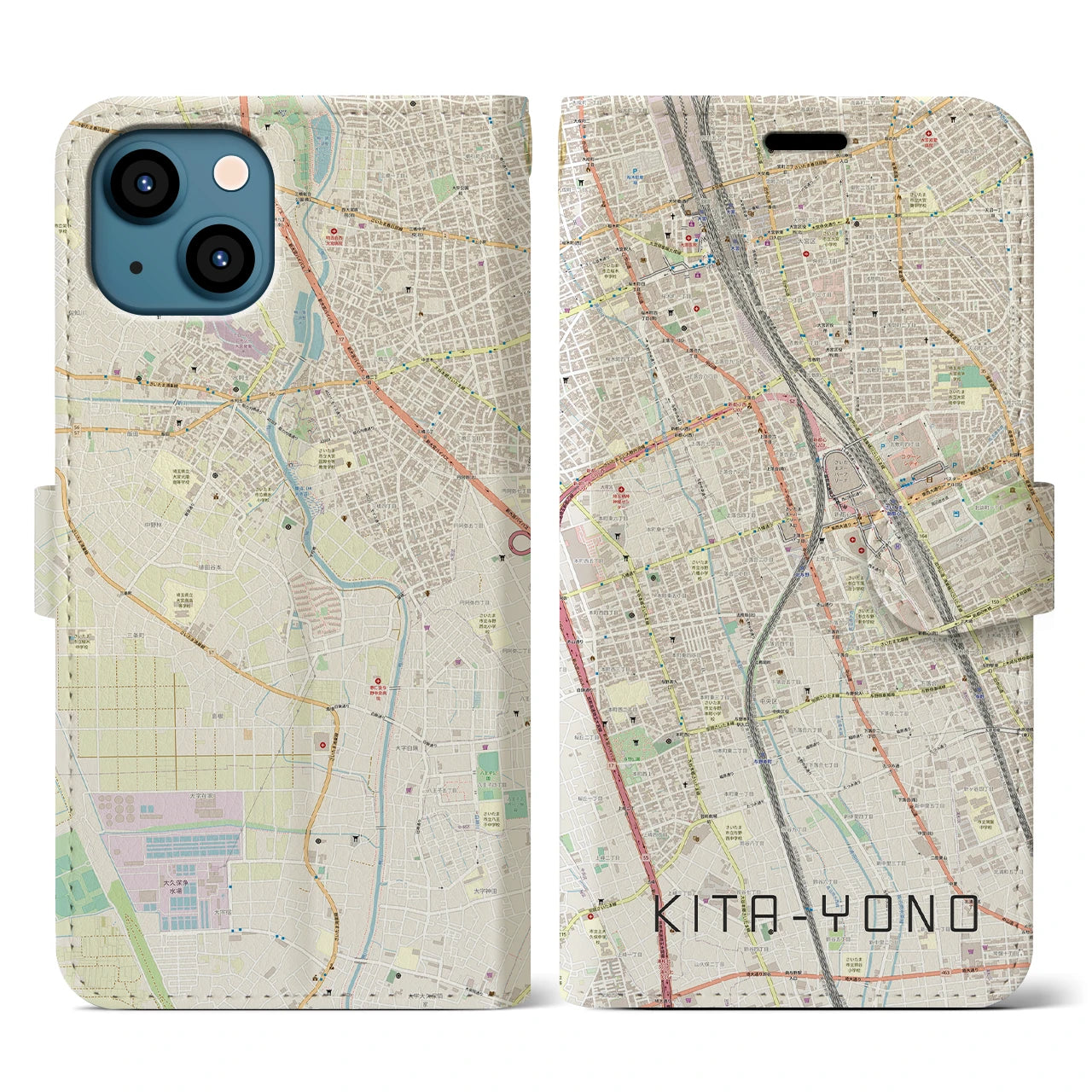 【北与野(埼玉県)】地図柄iPhoneケース(手帳タイプ)ナチュラル・iPhone 13 用