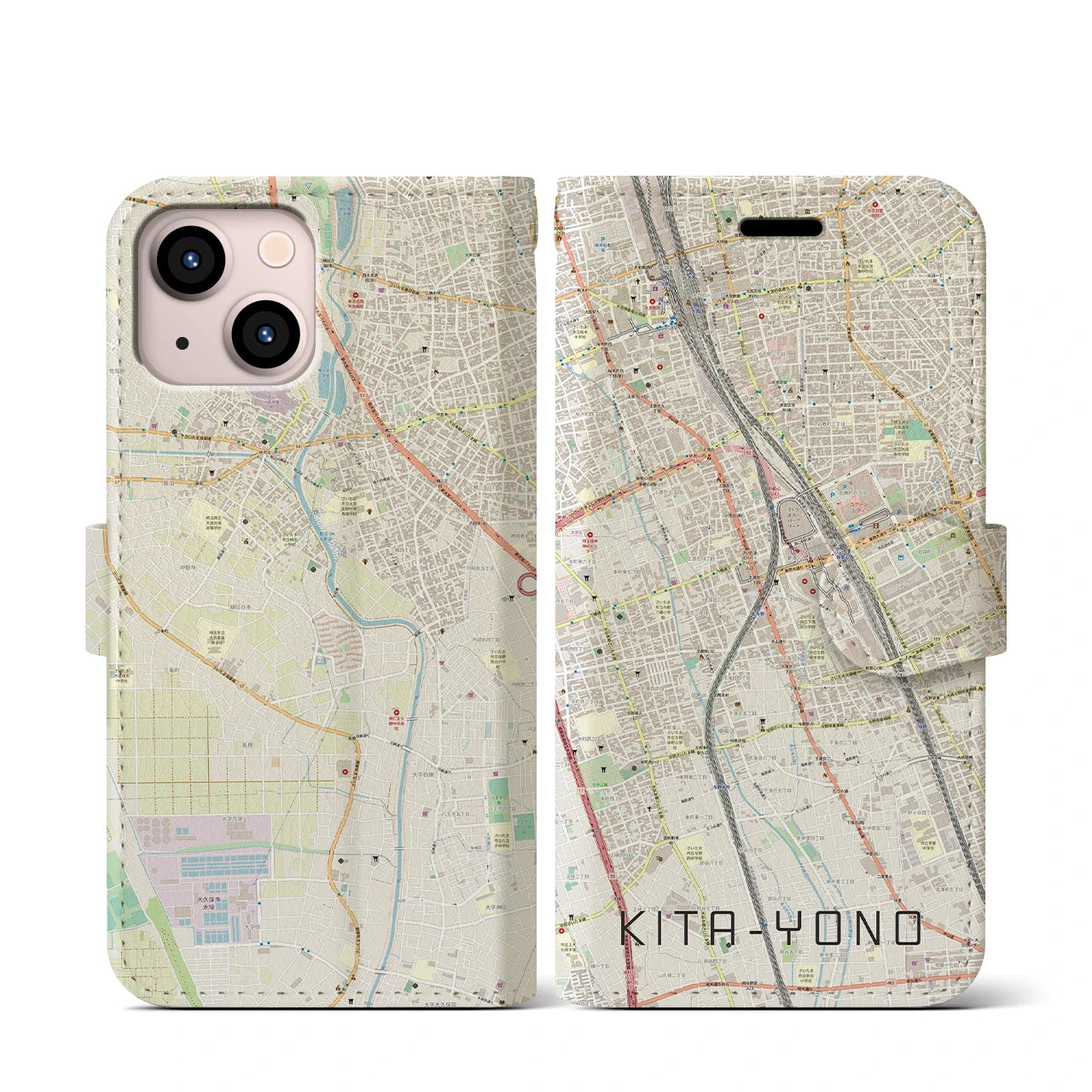 【北与野(埼玉県)】地図柄iPhoneケース(手帳タイプ)ナチュラル・iPhone 13 mini 用