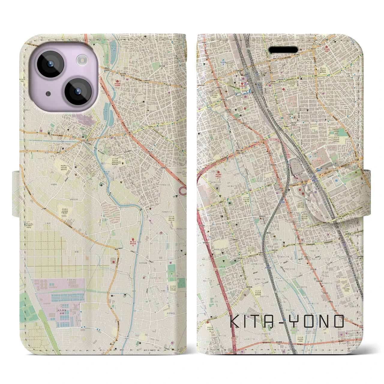【北与野(埼玉県)】地図柄iPhoneケース(手帳タイプ)ナチュラル・iPhone 14 用