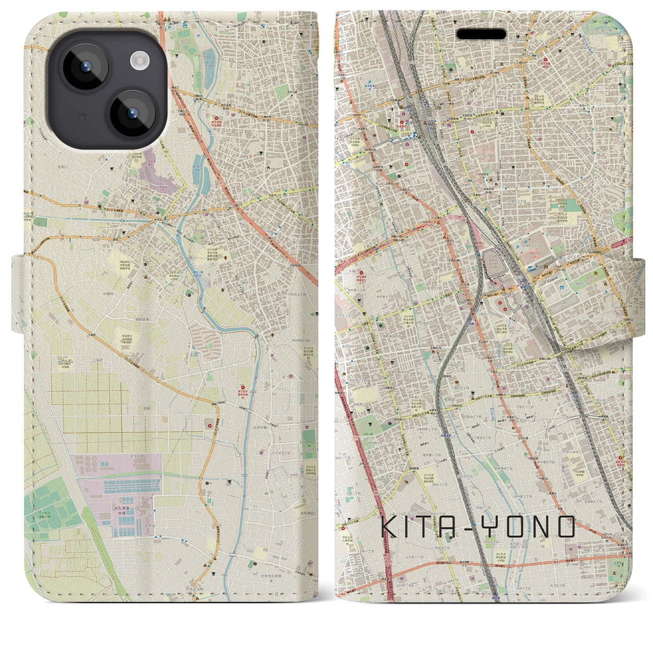 【北与野(埼玉県)】地図柄iPhoneケース(手帳タイプ)ナチュラル・iPhone 14 Plus 用