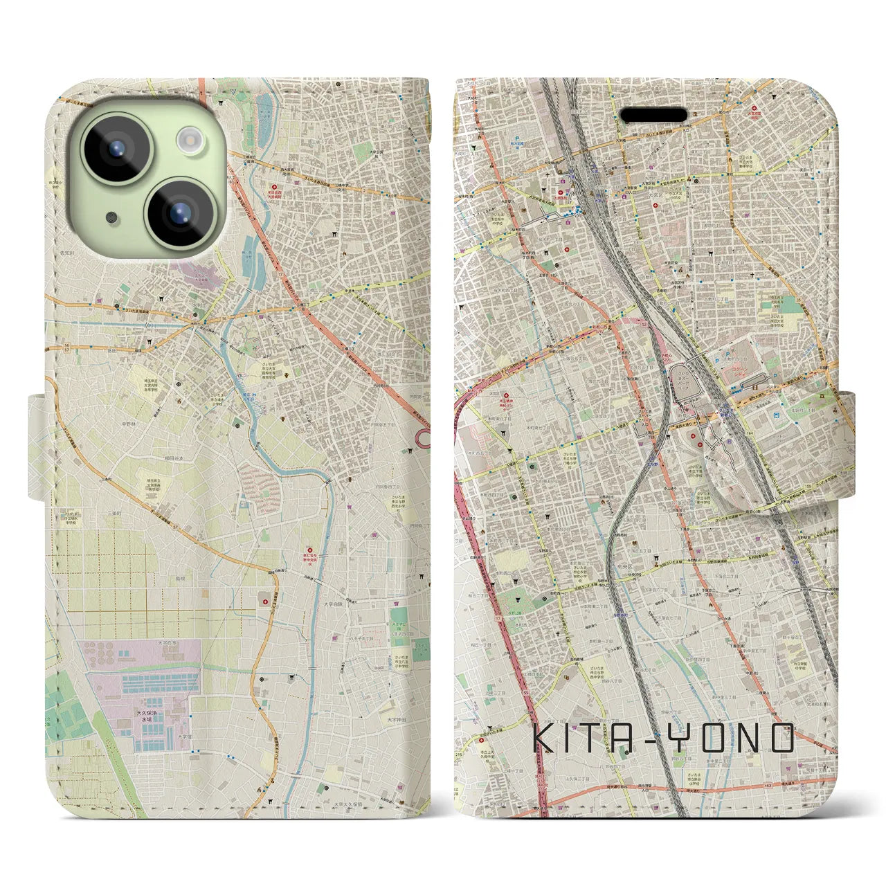 【北与野(埼玉県)】地図柄iPhoneケース(手帳タイプ)ナチュラル・iPhone 15 用