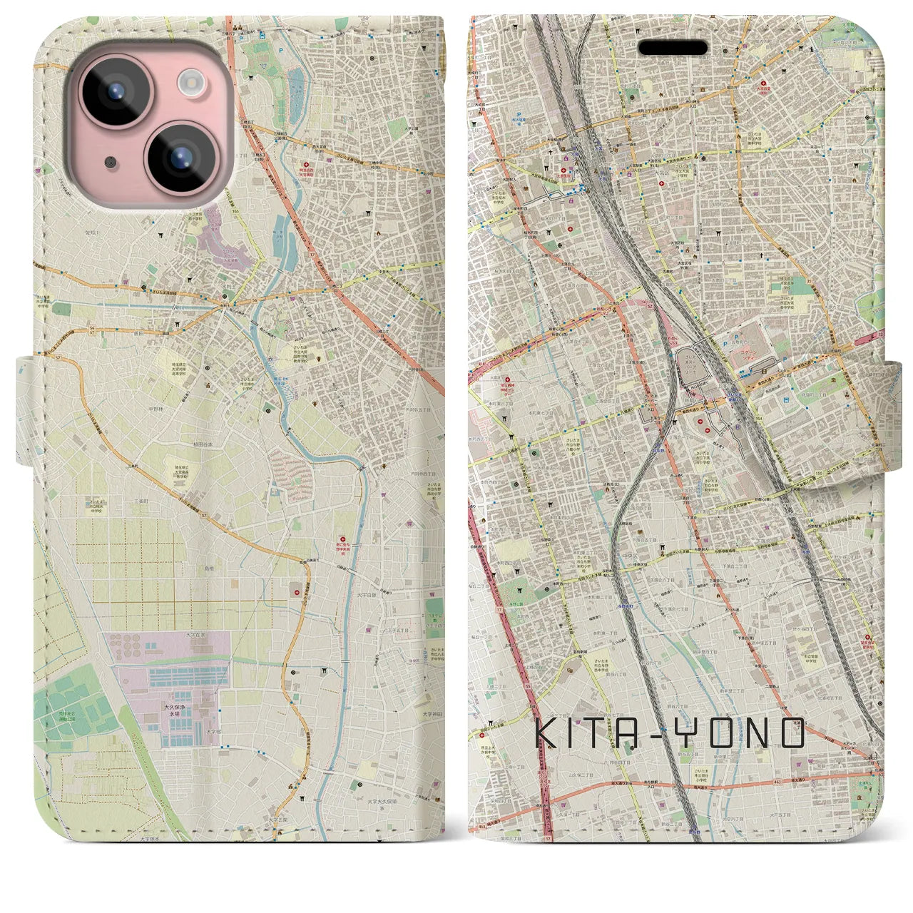 【北与野(埼玉県)】地図柄iPhoneケース(手帳タイプ)ナチュラル・iPhone 15 Plus 用