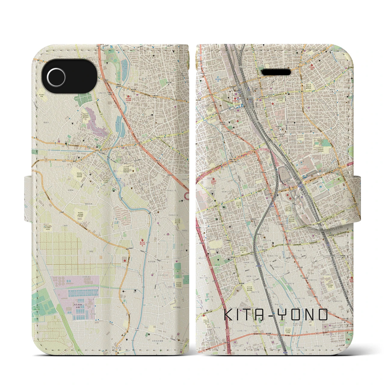 【北与野(埼玉県)】地図柄iPhoneケース(手帳タイプ)ナチュラル・iPhone SE(第3 / 第2世代) / 8 / 7 / 6s / 6 用