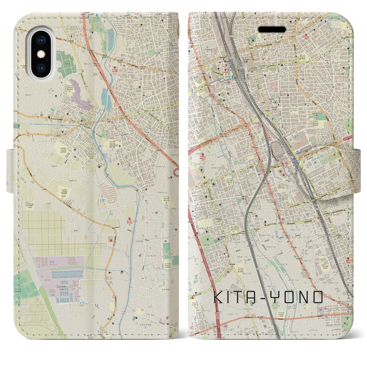 【北与野(埼玉県)】地図柄iPhoneケース(手帳タイプ)ナチュラル・iPhone XS Max 用