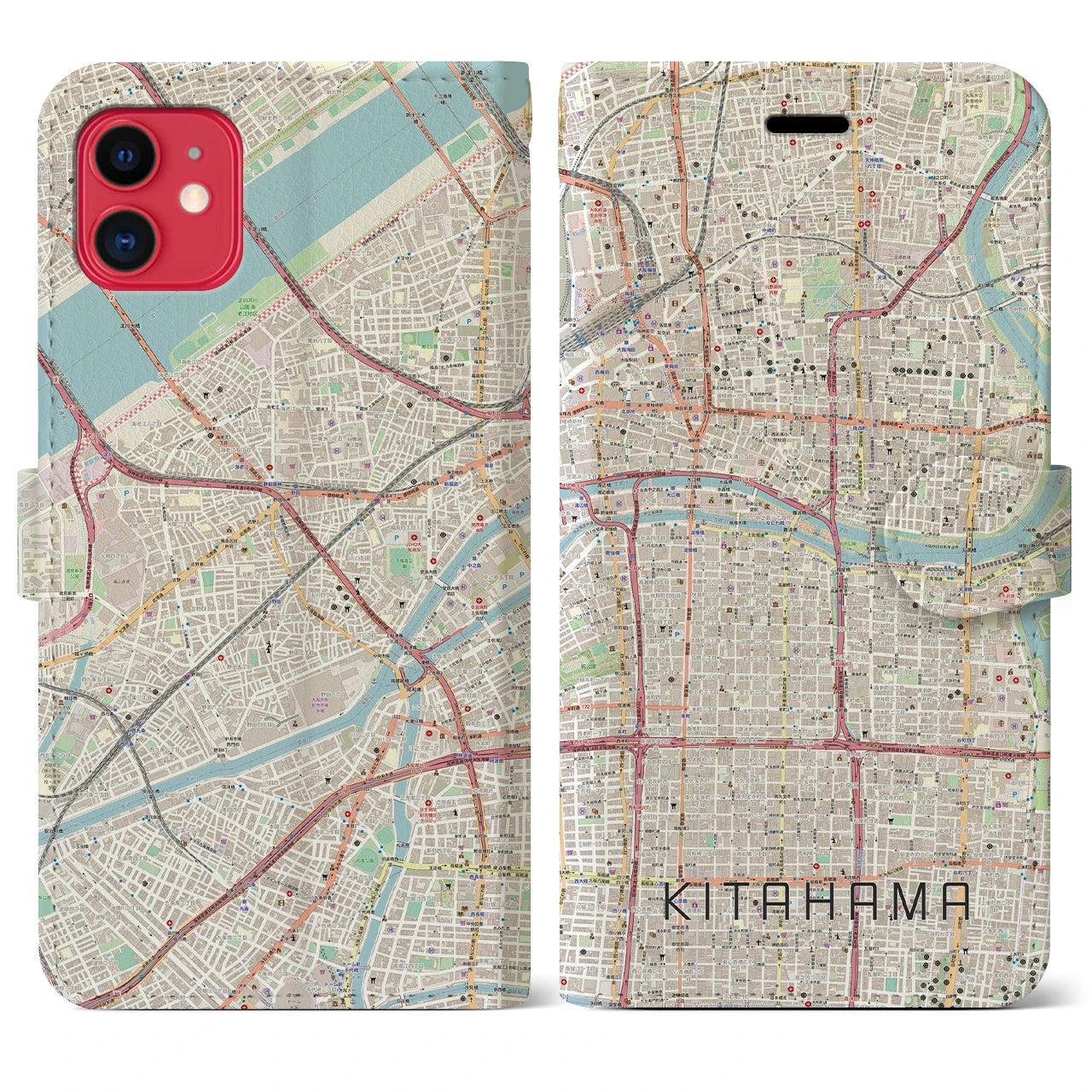 【北浜(大阪府)】地図柄iPhoneケース(手帳タイプ)ナチュラル・iPhone 11 用