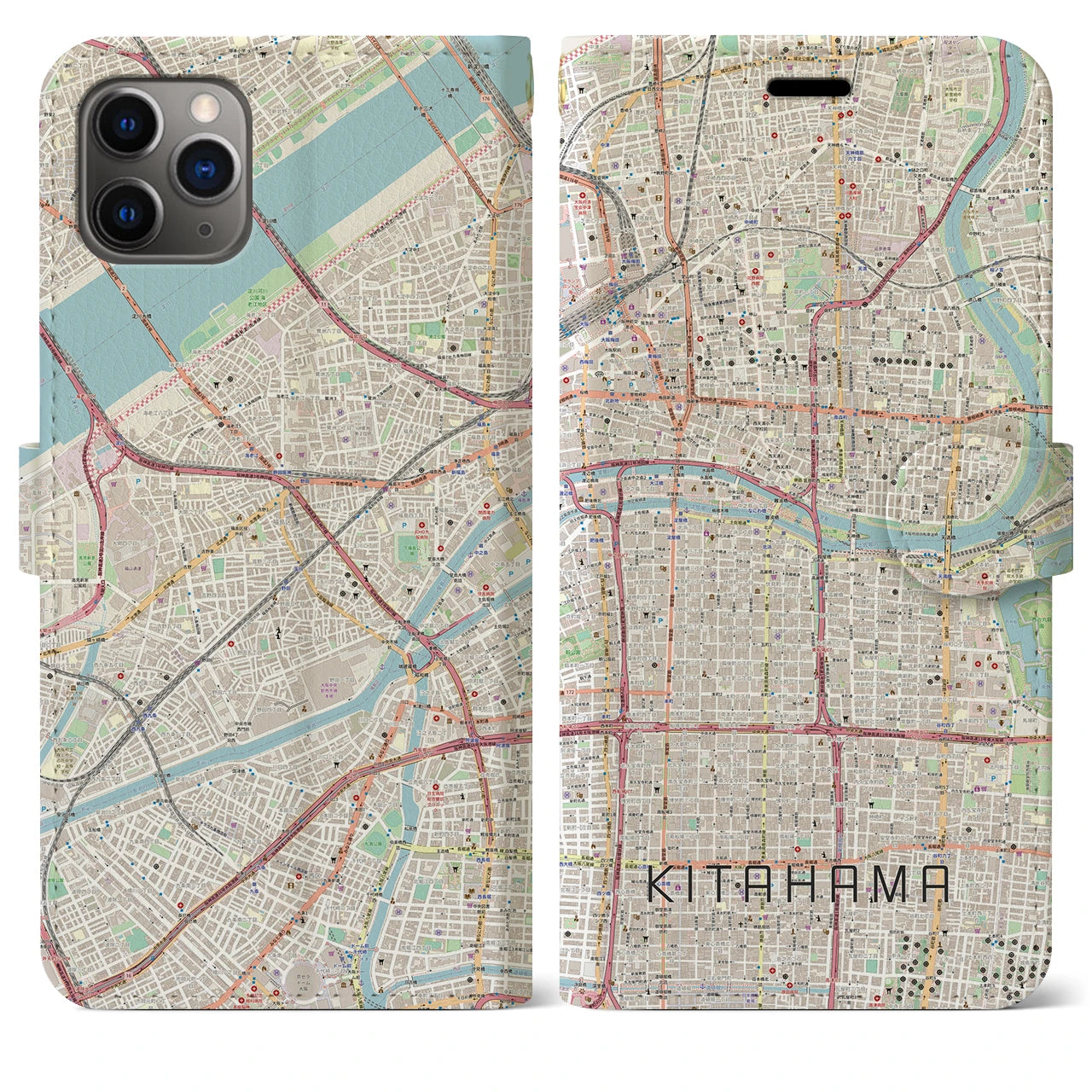【北浜(大阪府)】地図柄iPhoneケース(手帳タイプ)ナチュラル・iPhone 11 Pro Max 用
