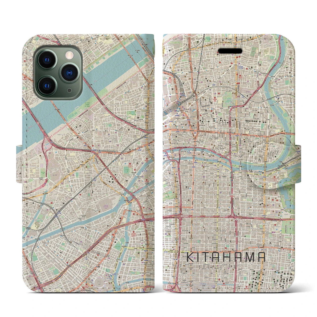 【北浜(大阪府)】地図柄iPhoneケース(手帳タイプ)ナチュラル・iPhone 11 Pro 用