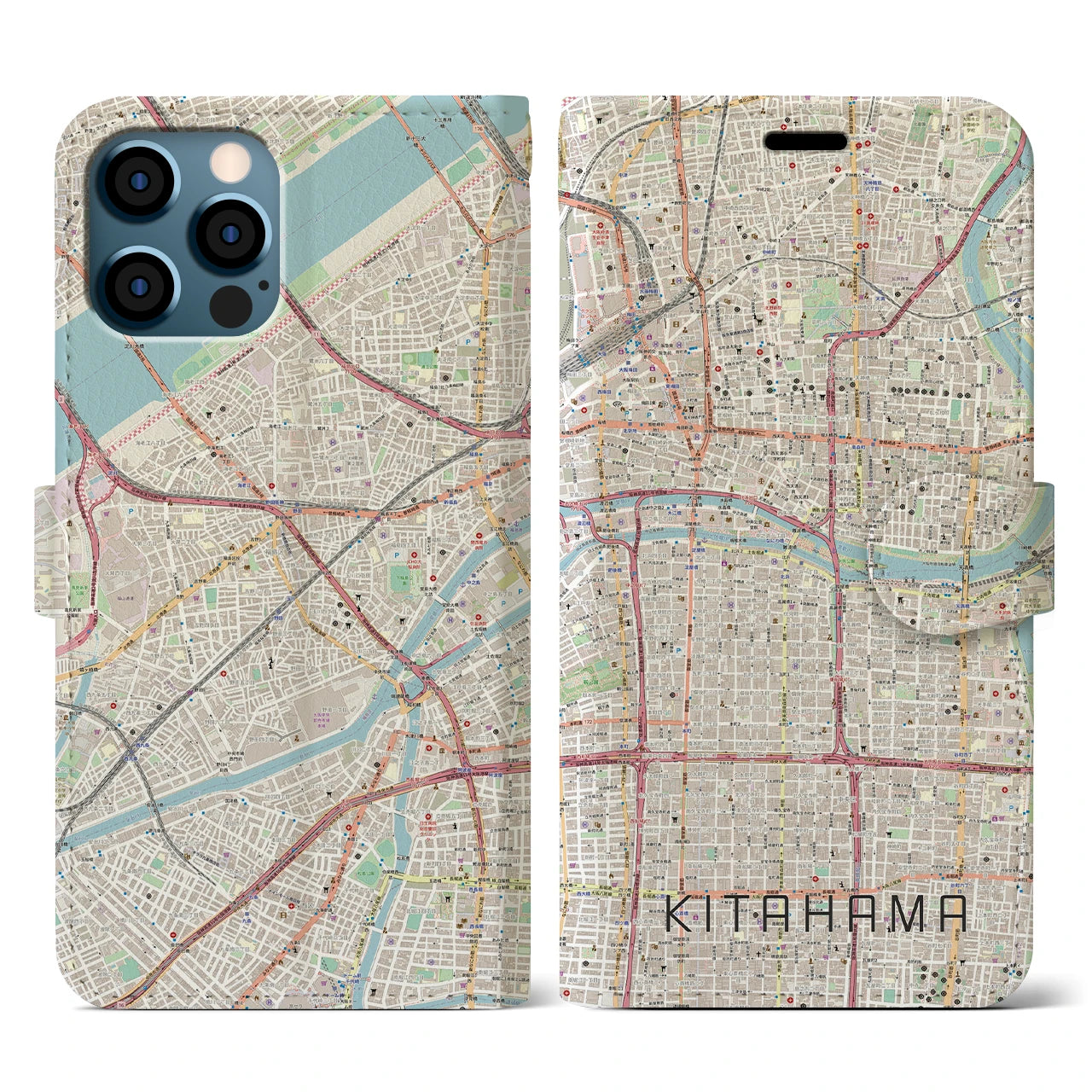 【北浜(大阪府)】地図柄iPhoneケース(手帳タイプ)ナチュラル・iPhone 12 / 12 Pro 用