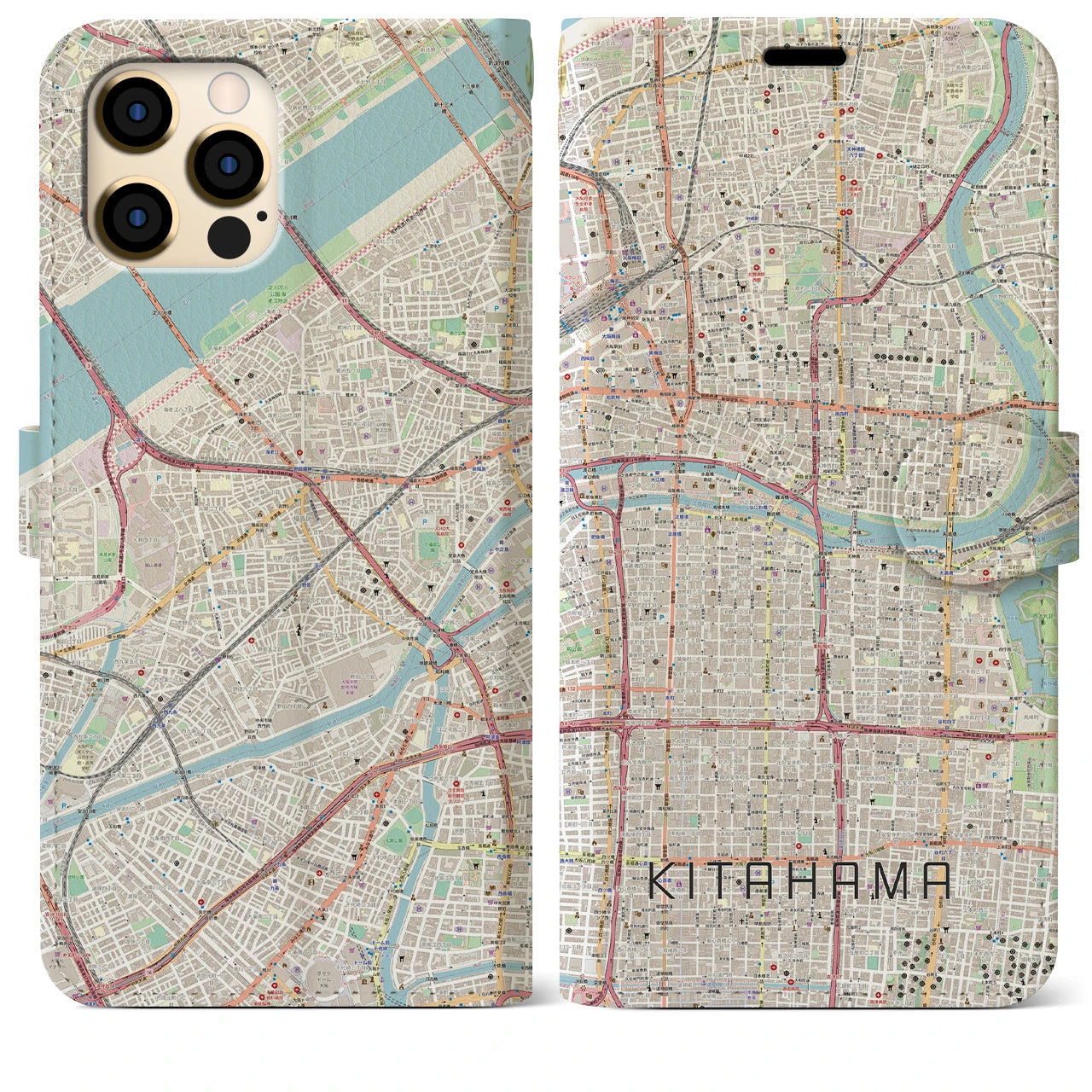 【北浜(大阪府)】地図柄iPhoneケース(手帳タイプ)ナチュラル・iPhone 12 Pro Max 用