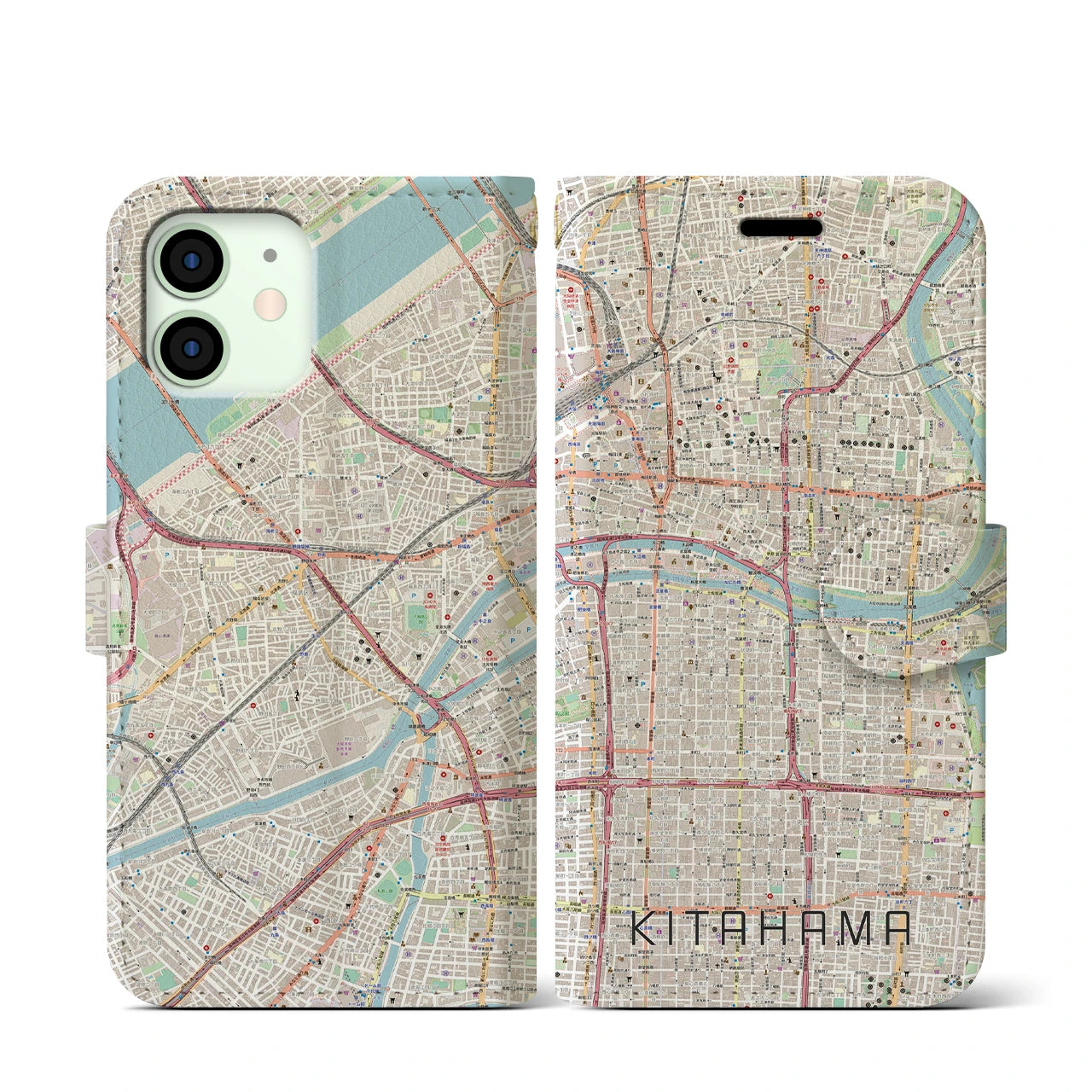 【北浜(大阪府)】地図柄iPhoneケース(手帳タイプ)ナチュラル・iPhone 12 mini 用