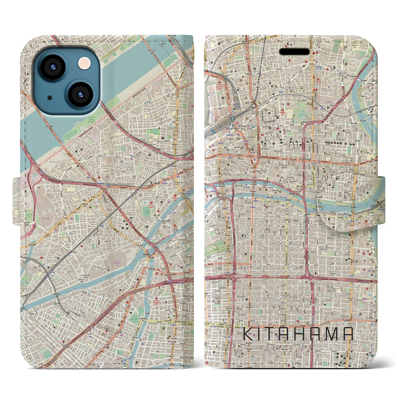 【北浜(大阪府)】地図柄iPhoneケース(手帳タイプ)ナチュラル・iPhone 13 用