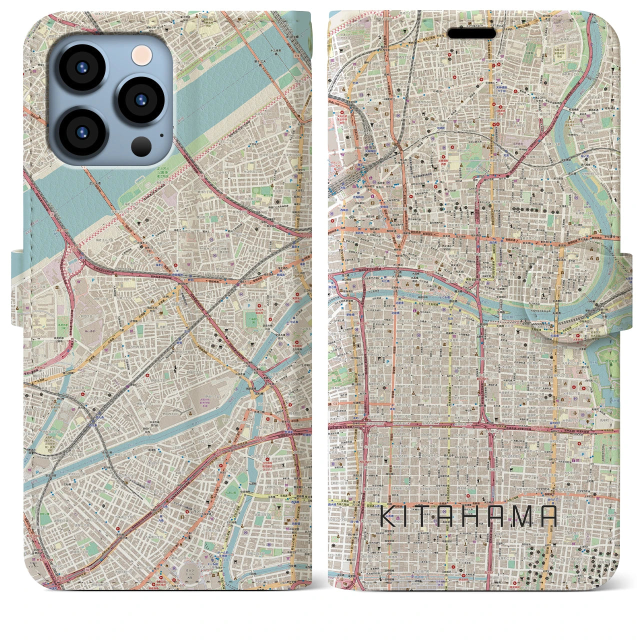 【北浜(大阪府)】地図柄iPhoneケース(手帳タイプ)ナチュラル・iPhone 13 Pro Max 用