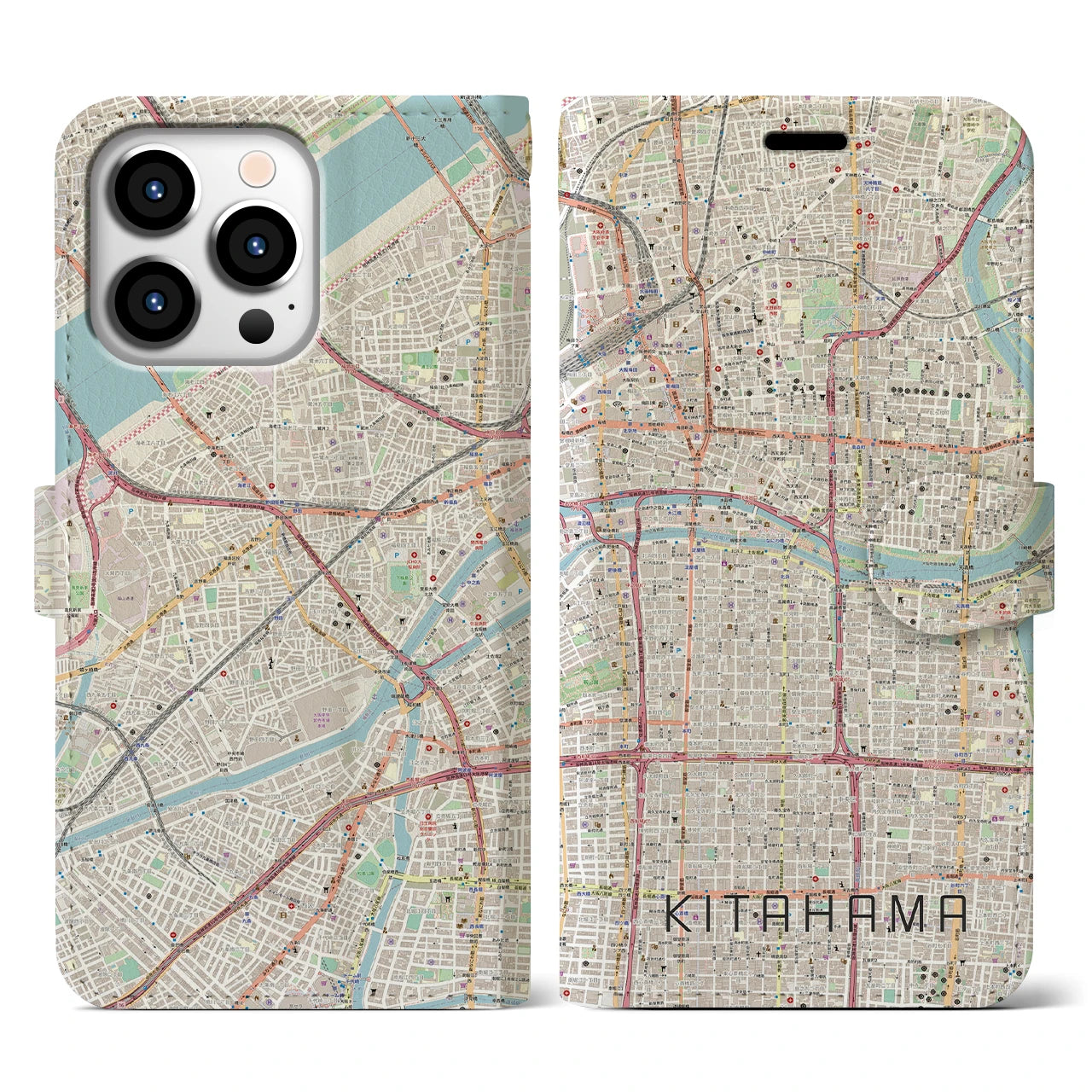 【北浜(大阪府)】地図柄iPhoneケース(手帳タイプ)ナチュラル・iPhone 13 Pro 用