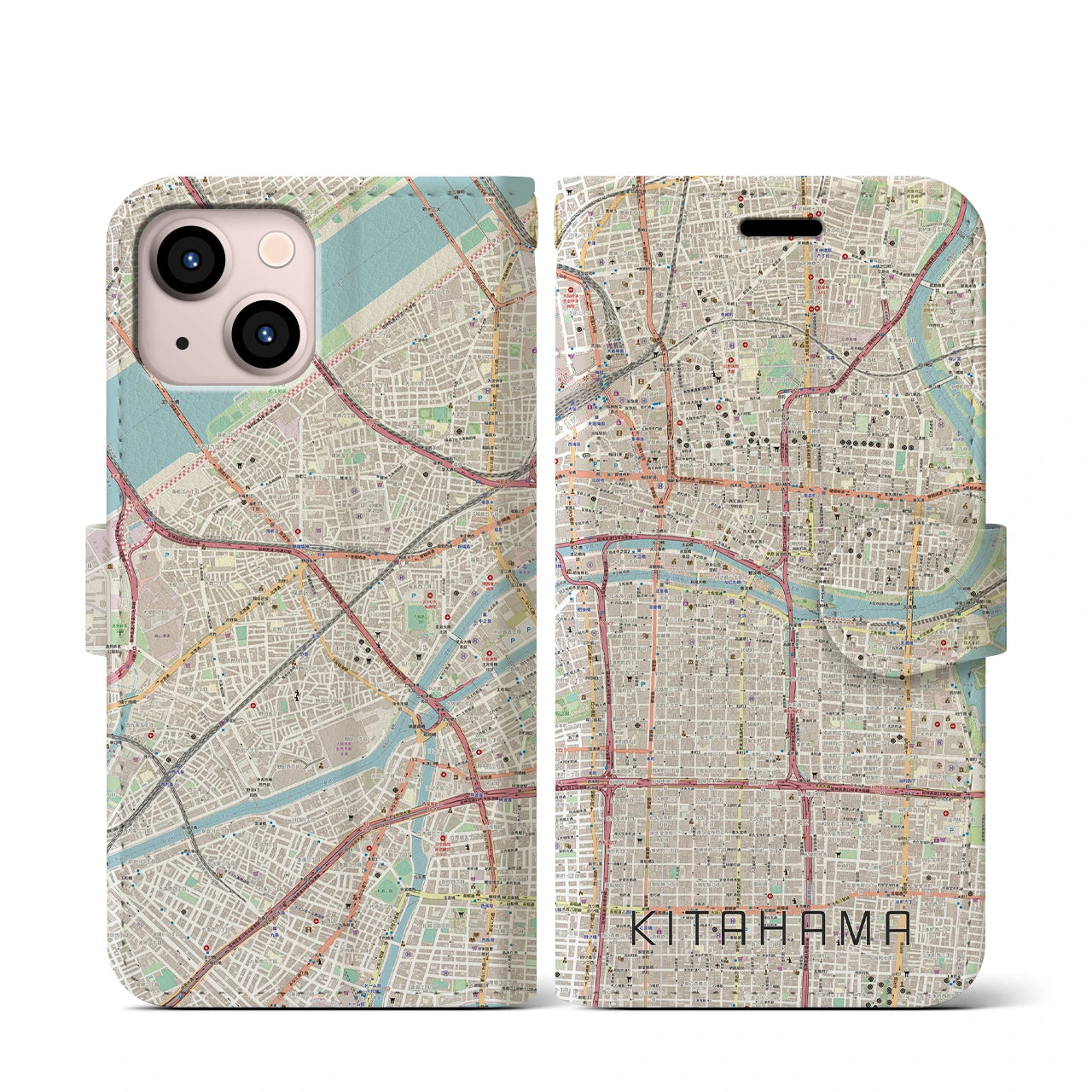 【北浜(大阪府)】地図柄iPhoneケース(手帳タイプ)ナチュラル・iPhone 13 mini 用