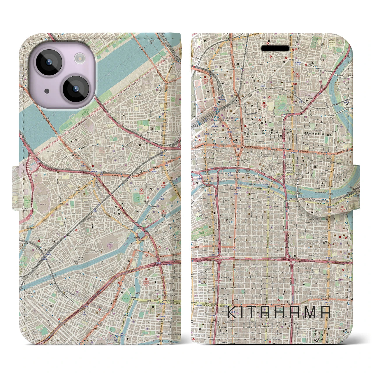 【北浜(大阪府)】地図柄iPhoneケース(手帳タイプ)ナチュラル・iPhone 14 用