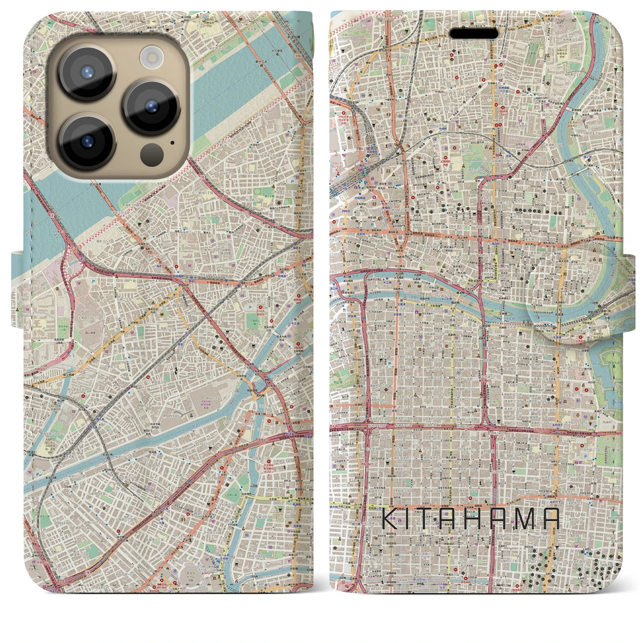 【北浜(大阪府)】地図柄iPhoneケース(手帳タイプ)ナチュラル・iPhone 14 Pro Max 用