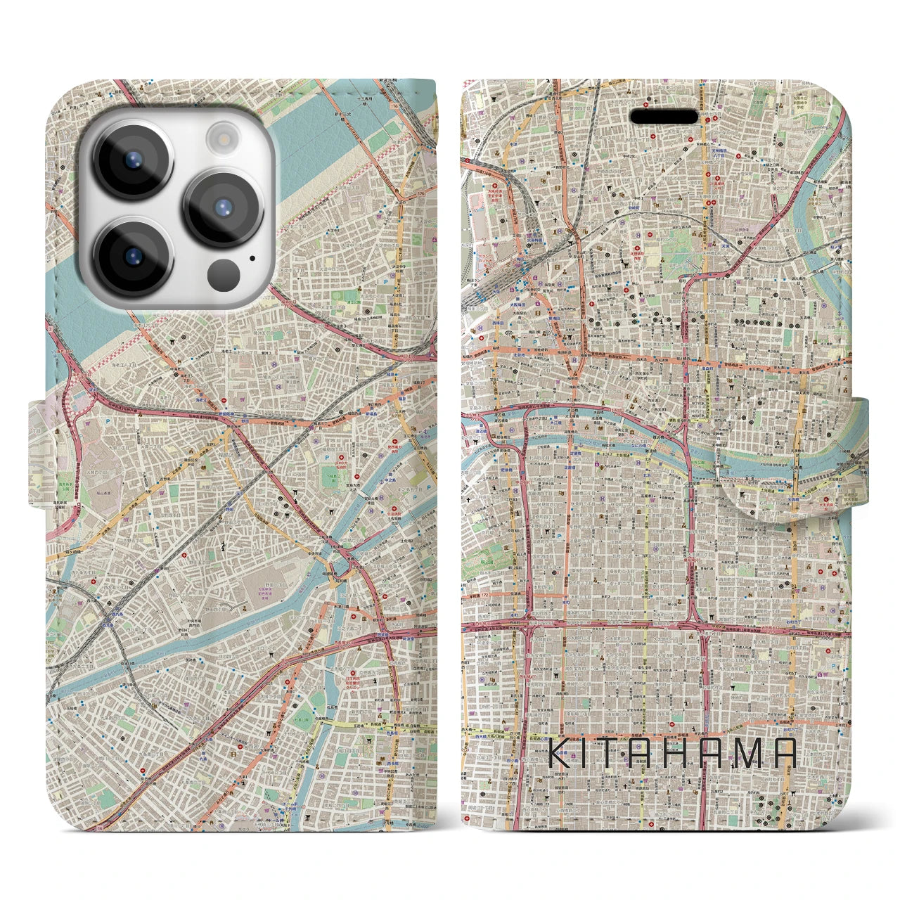 【北浜(大阪府)】地図柄iPhoneケース(手帳タイプ)ナチュラル・iPhone 14 Pro 用